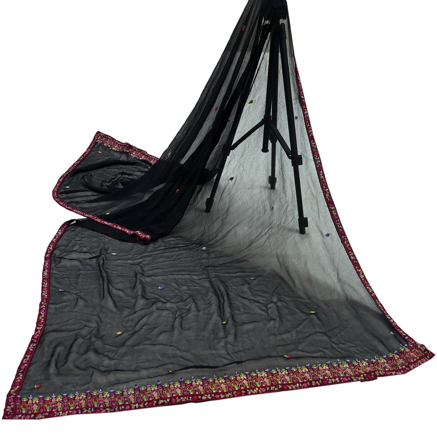 Indian Vintage Dupatta Black Pure Georgette silk Long Stole Embroidered Scarves Stole Veil Wrap