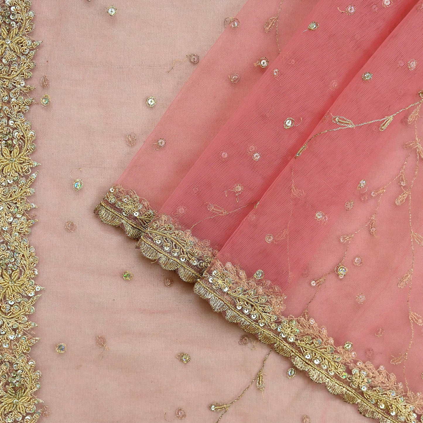 Indian Vintage Heavy Pink Dupatta Net Mesh Long Stole Hand Embroidered Scarves Golden Zardozi Zari Sequins Hijab Veil wrap Boho