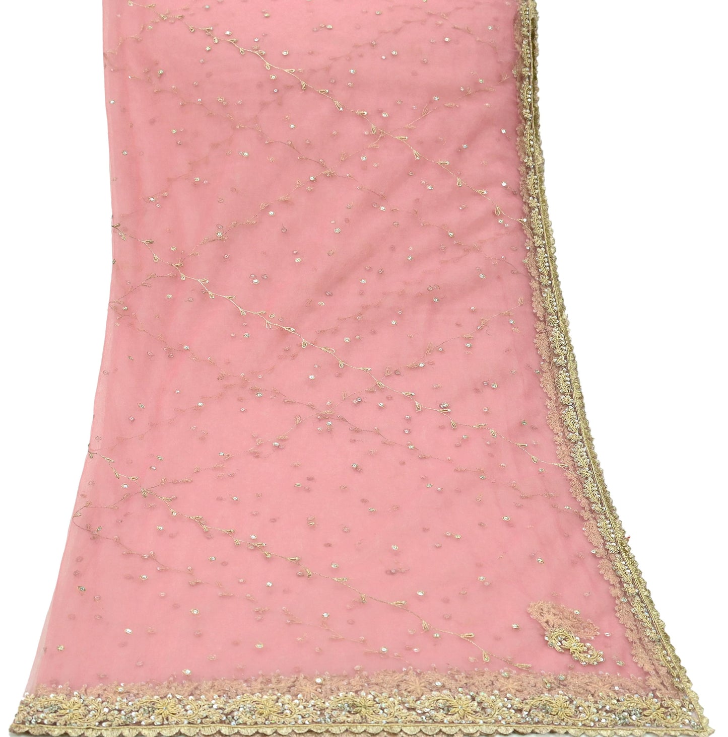 Indian Vintage Heavy Pink Dupatta Net Mesh Long Stole Hand Embroidered Scarves Golden Zardozi Zari Sequins Hijab Veil wrap Boho