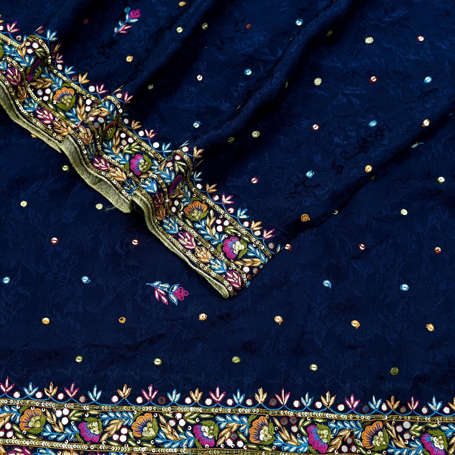 Indian Vintage Blue Dupatta Pure silk Long Stole Hand Embroidered Scarves Floral Design Stole Veil Wrap Zari