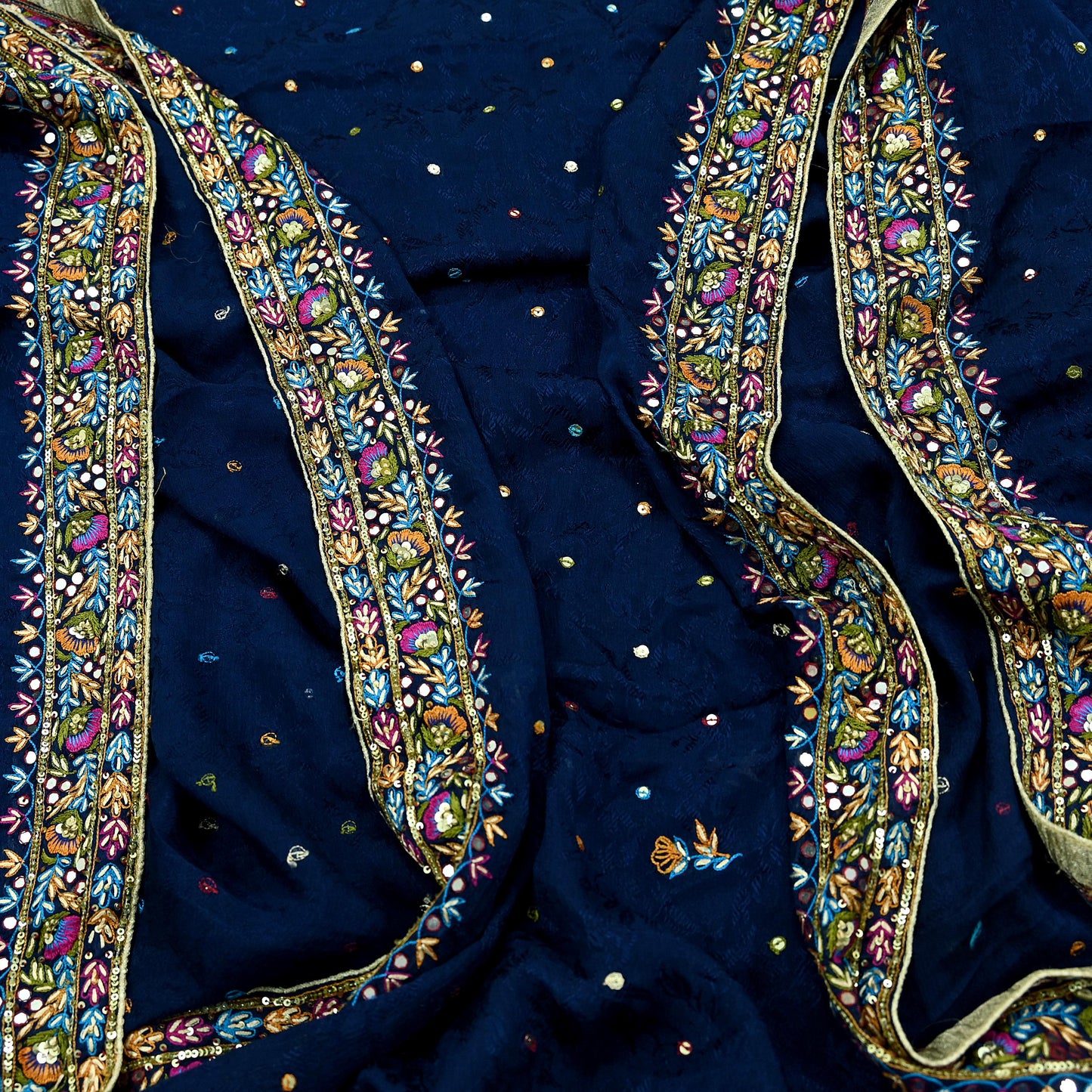 Indian Vintage Blue Dupatta Pure silk Long Stole Hand Embroidered Scarves Floral Design Stole Veil Wrap Zari