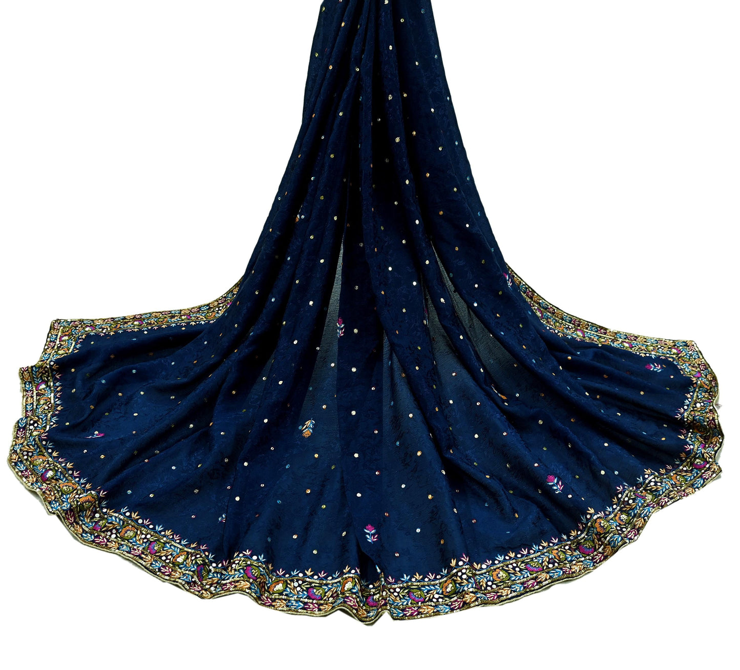Indian Vintage Blue Dupatta Pure silk Long Stole Hand Embroidered Scarves Floral Design Stole Veil Wrap Zari