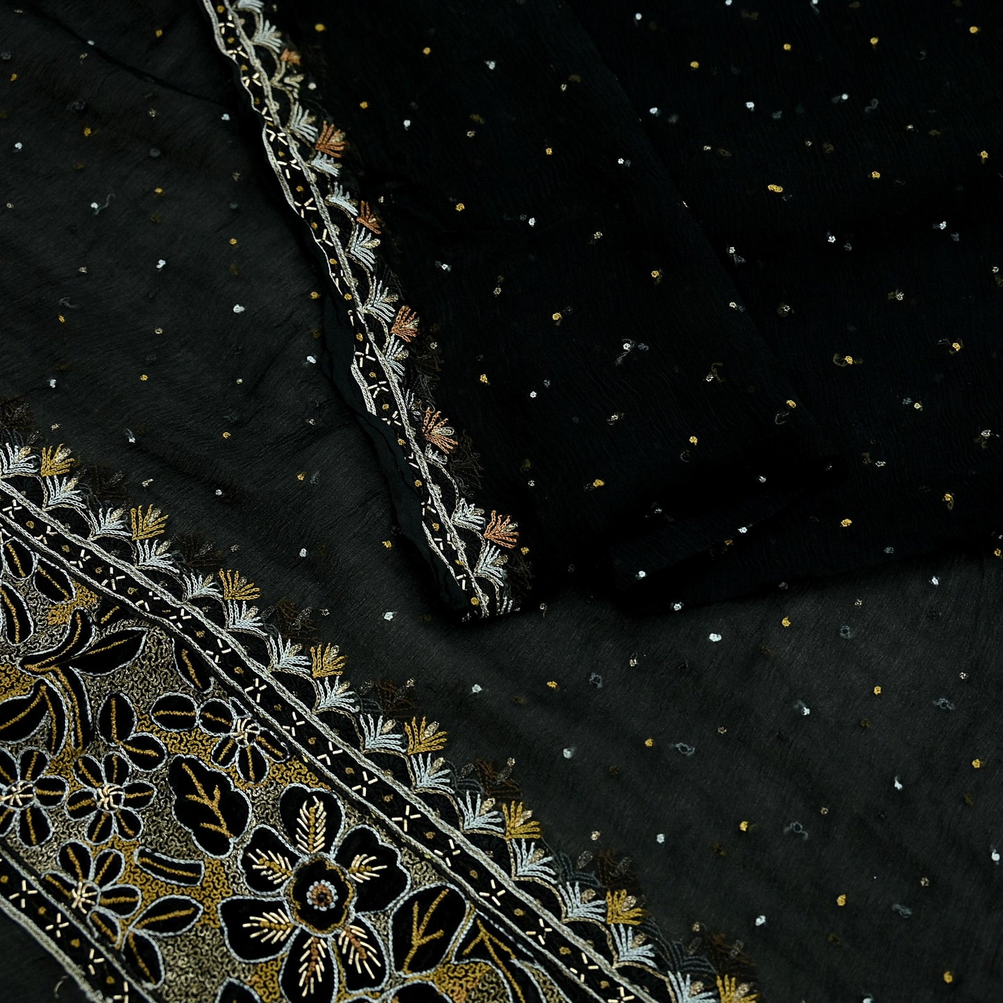 Indian Vintage Black Dupatta Pure Chiffon silk Long Stole Hand Embroidered Scarves Floral Design Stole Veil Wrap Zari Zardozi