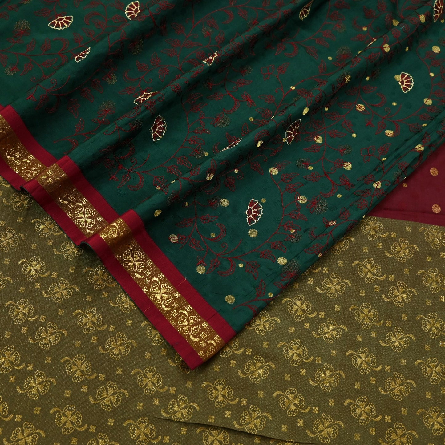 Indian Vintage Heavy Green & maroon Kanjivaram Saree 100% Pure Silk Sari Metallic Golden Zari 5Yd Floral Crafting Dress making