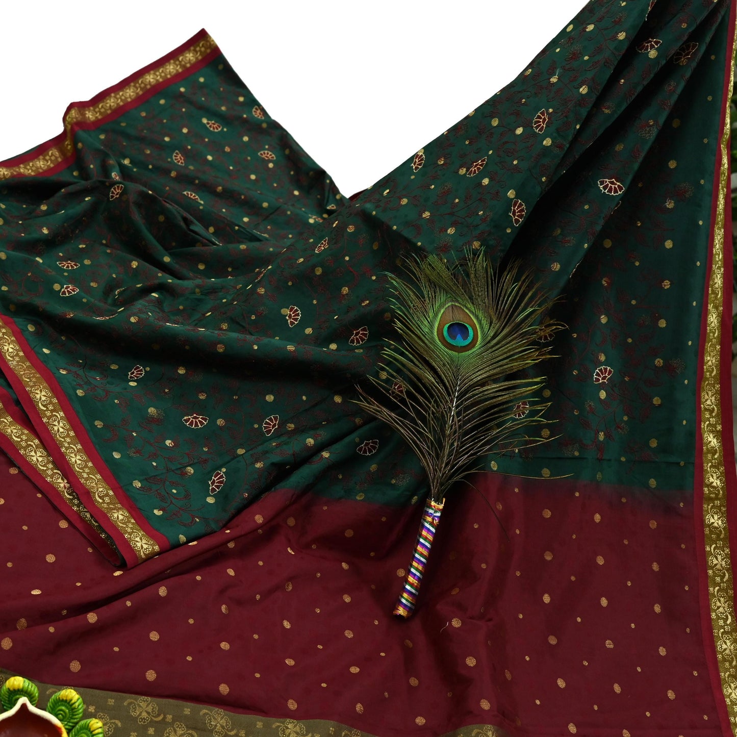 Indian Vintage Heavy Green & maroon Kanjivaram Saree 100% Pure Silk Sari Metallic Golden Zari 5Yd Floral Crafting Dress making