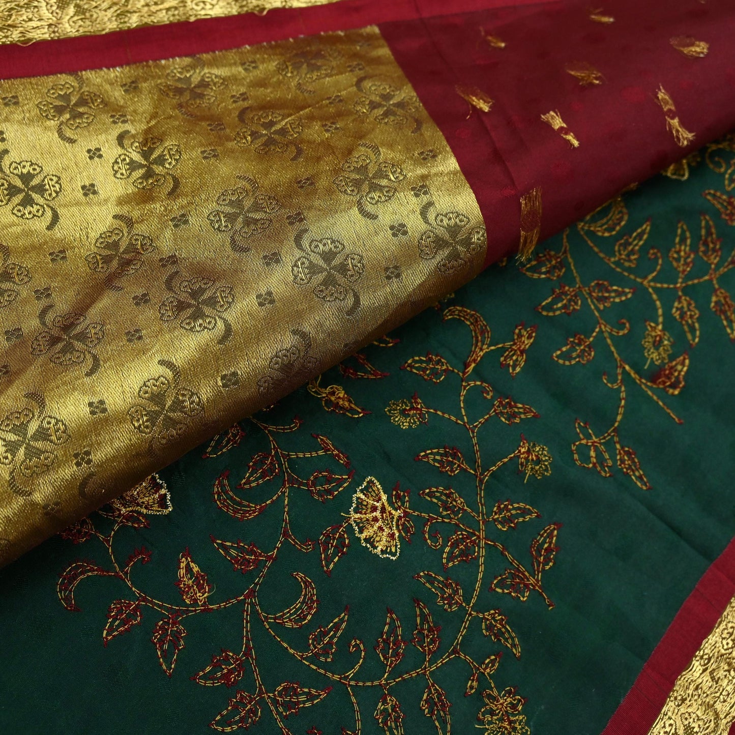 Indian Vintage Heavy Green & maroon Kanjivaram Saree 100% Pure Silk Sari Metallic Golden Zari 5Yd Floral Crafting Dress making