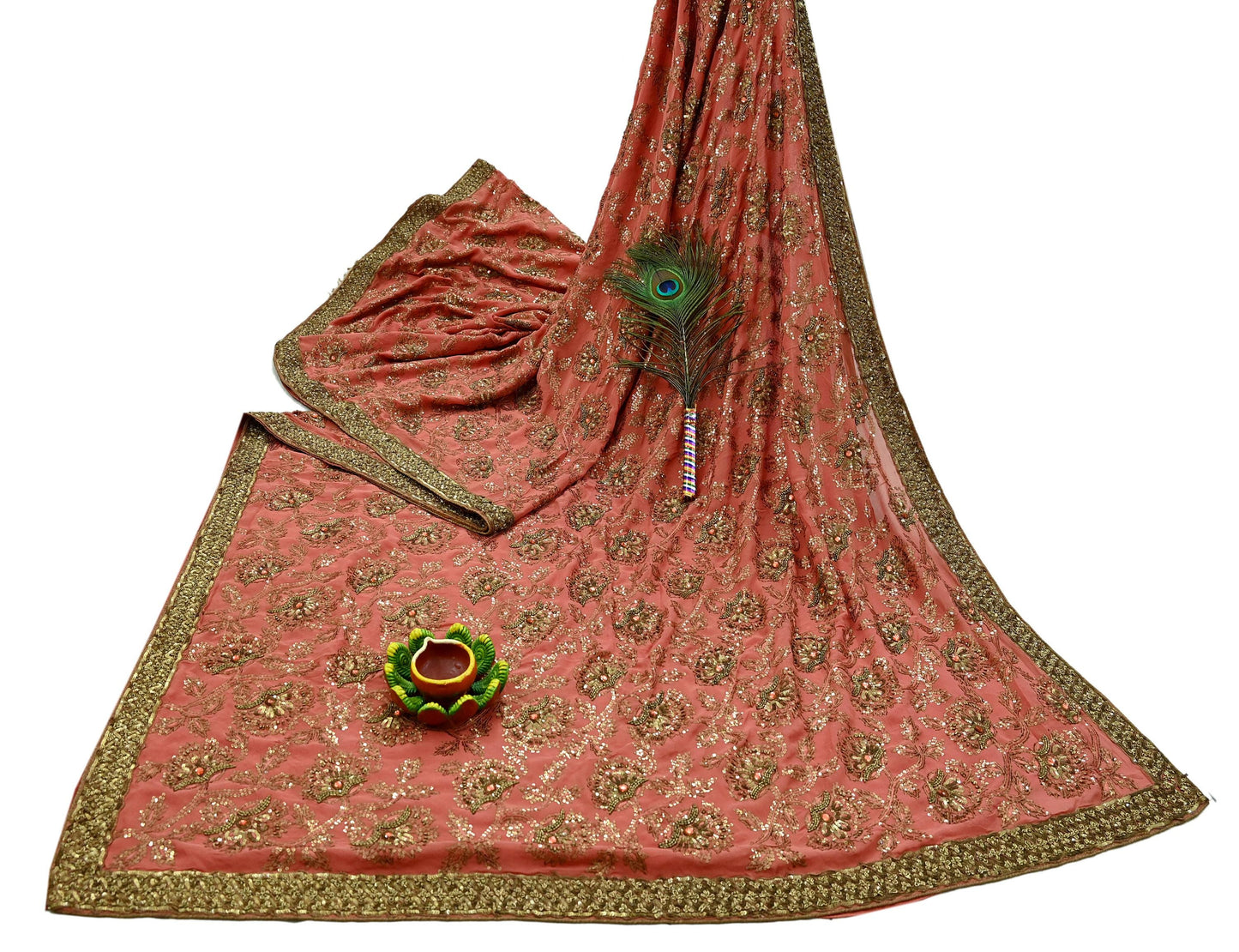 Indian Vintage Heavy Sarees Peach Pure Georgette Silk Hand Embroidered Sari Fabric 5Yd Sewing Ethnic Zardozi/dabka zari Wedding sarees
