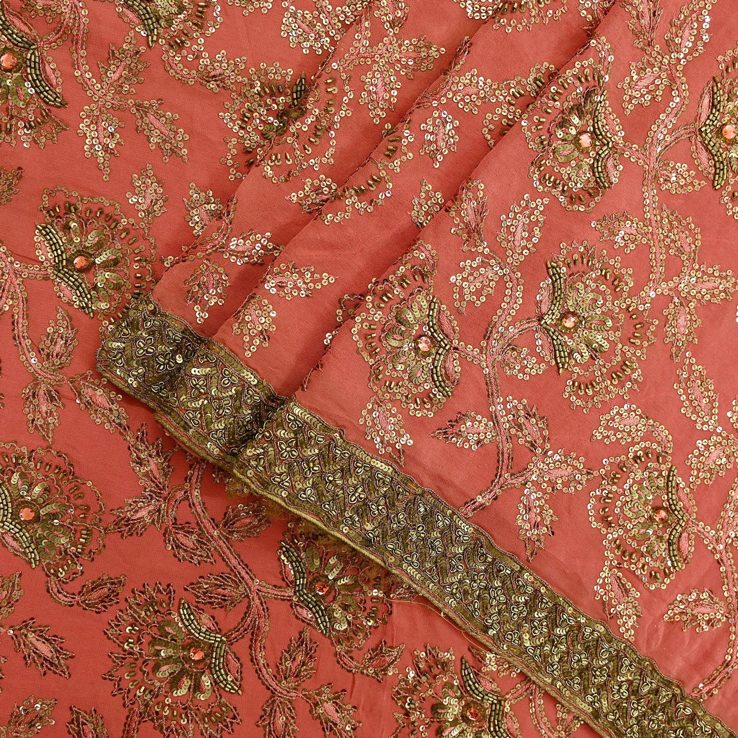 Indian Vintage Heavy Sarees Peach Pure Georgette Silk Hand Embroidered Sari Fabric 5Yd Sewing Ethnic Zardozi/dabka zari Wedding sarees