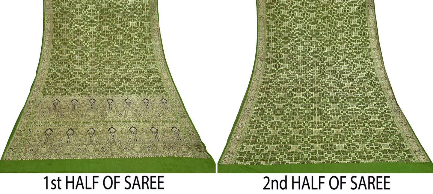 Indian Vintage Heavy Wedding Sari Green Pure Satin Silk Woven Banarasi Tanchoi Sarees Zari 5Yd Ethnic Craft Fabric Upcycle Dress Making Used