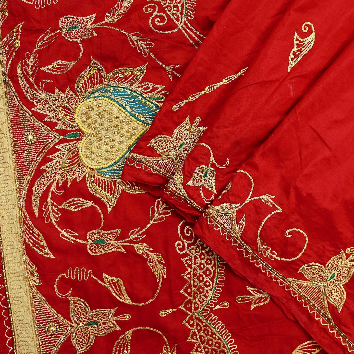 Indian Vintage Heavy Bridal Dupatta Red Pure Silk Long Stole Hand Embroidered Hijab Scarf Zardozi/Dabka Zari Wedding Dupatta