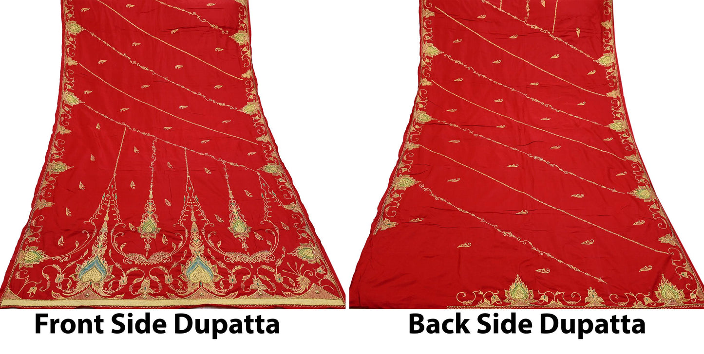 Indian Vintage Heavy Bridal Dupatta Red Pure Silk Long Stole Hand Embroidered Hijab Scarf Zardozi/Dabka Zari Wedding Dupatta