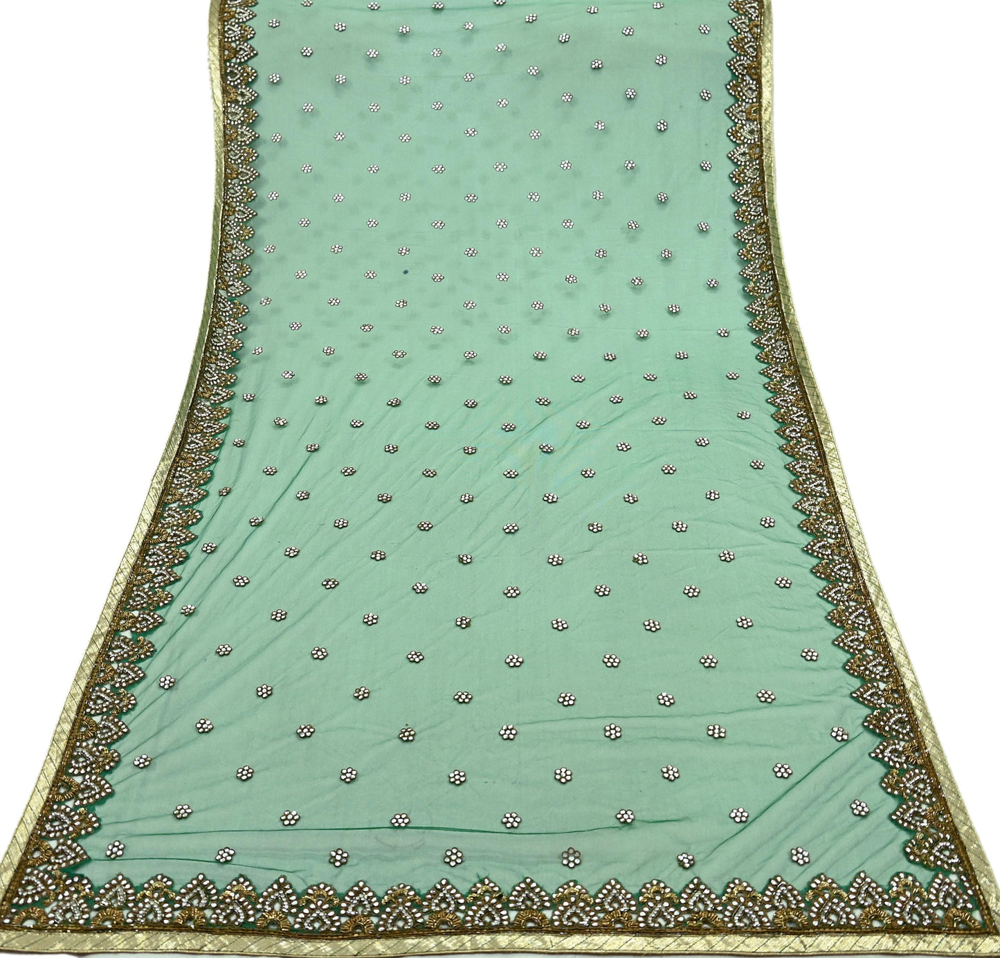 Indian Vintage Heavy Bridal Dupatta Green Net Mesh Long Stole Hand Embroidered Scarf Zardozi Zari Sequins Wedding/Party wear hijab veil