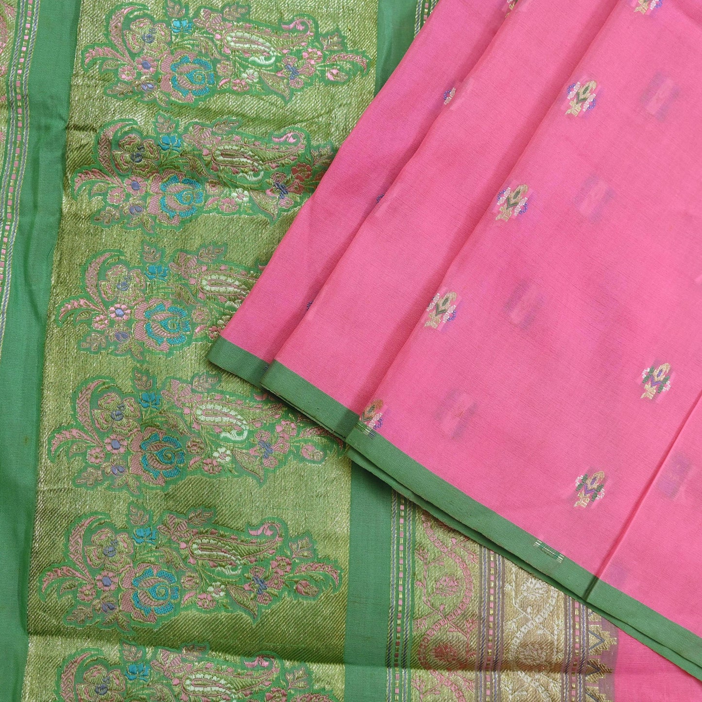Indian Vintage Sari Green & Pink Hand Woven Banarasi Sarees 100% Pure Silk Zari 5Yd Craft Fabric Sewing Dress making Quilting Crafting