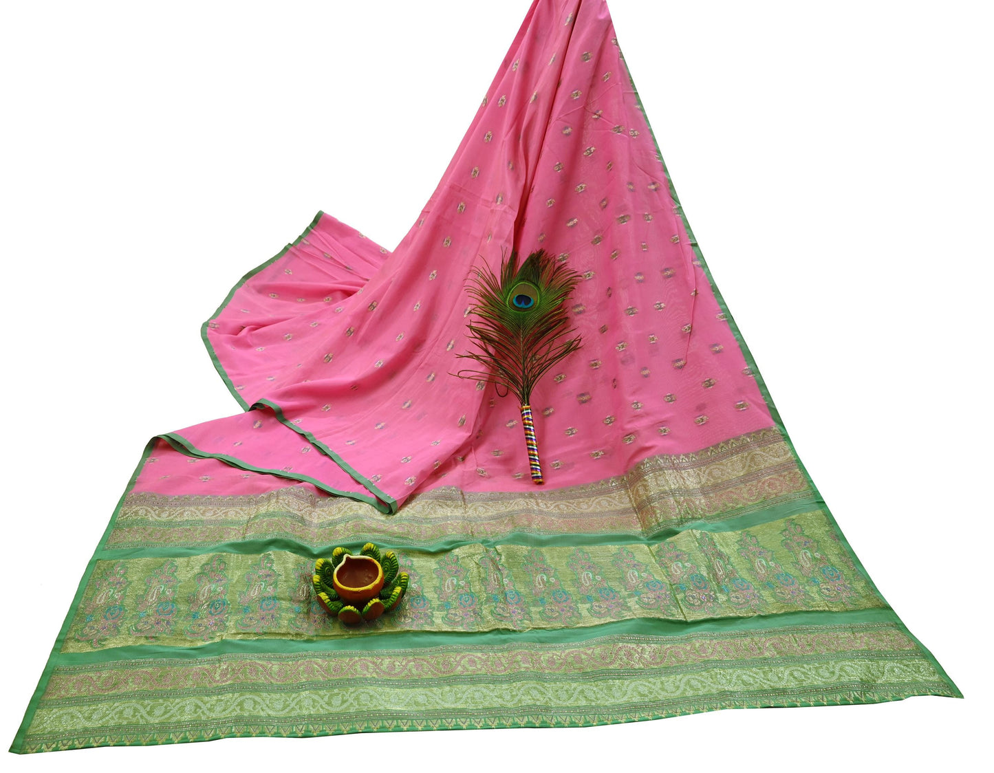 Indian Vintage Sari Green & Pink Hand Woven Banarasi Sarees 100% Pure Silk Zari 5Yd Craft Fabric Sewing Dress making Quilting Crafting