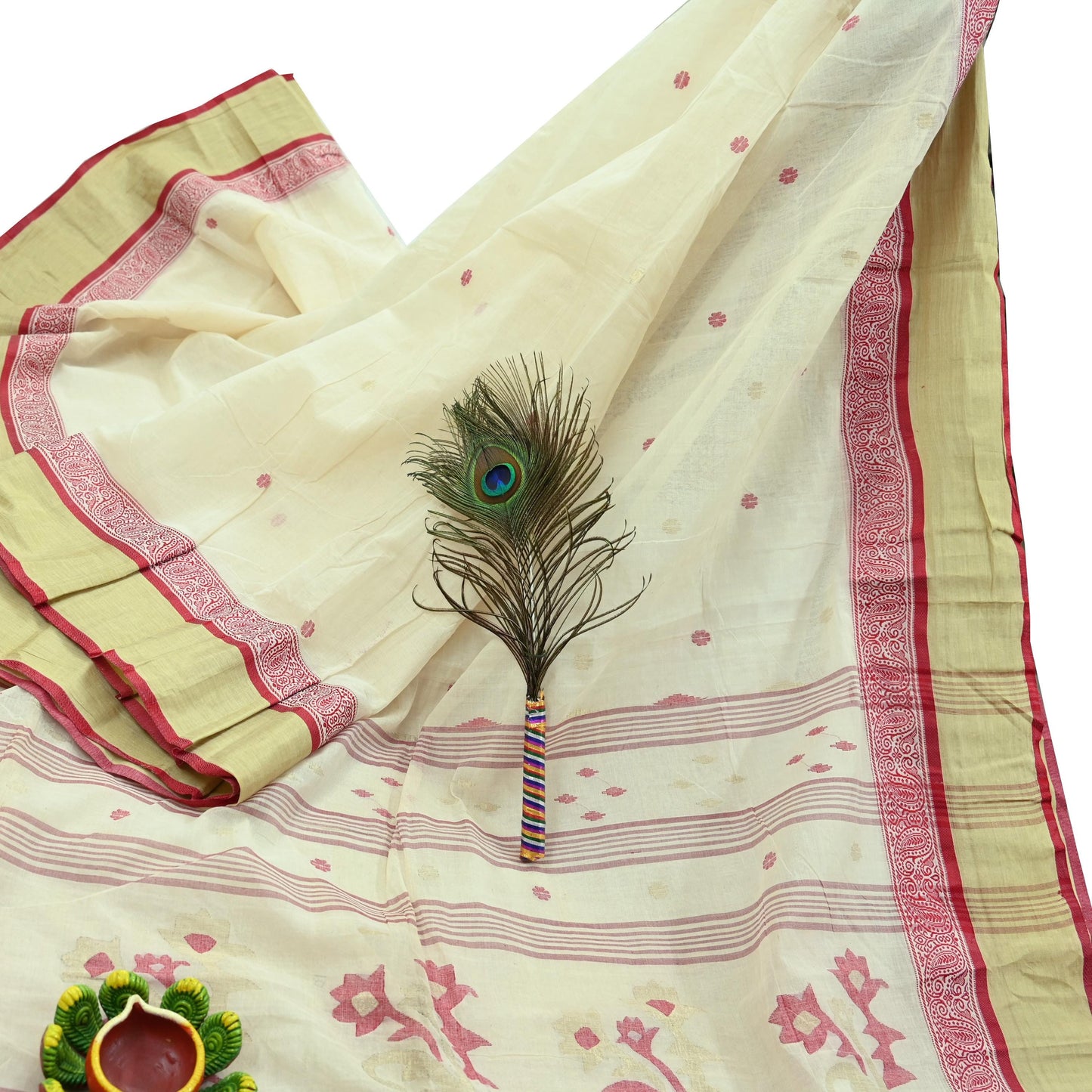 Indian Vintage Sari Ivory Pure Cotton Bengali Handloom Tant Sarees Craft Fabric 5Yd Sewing Soft Crafting Dress making Upcycle Quilting
