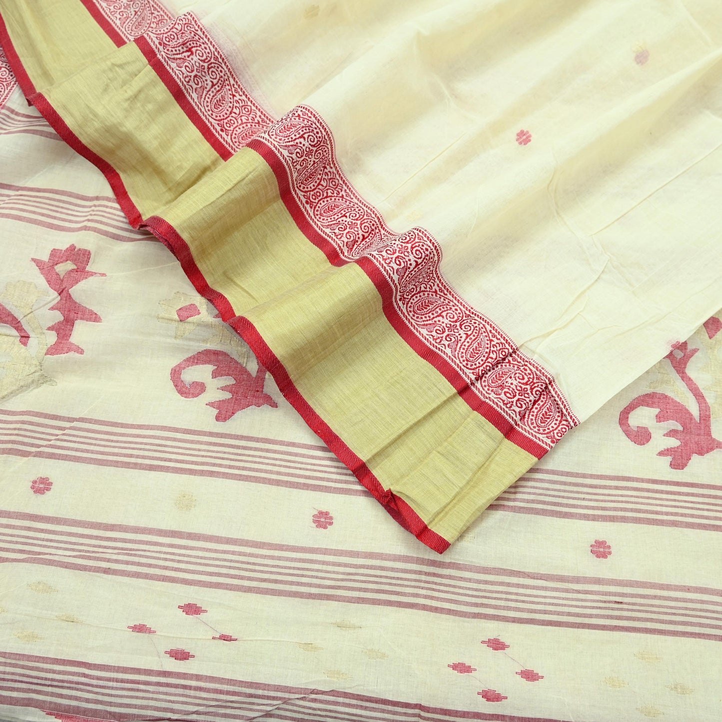 Indian Vintage Sari Ivory Pure Cotton Bengali Handloom Tant Sarees Craft Fabric 5Yd Sewing Soft Crafting Dress making Upcycle Quilting