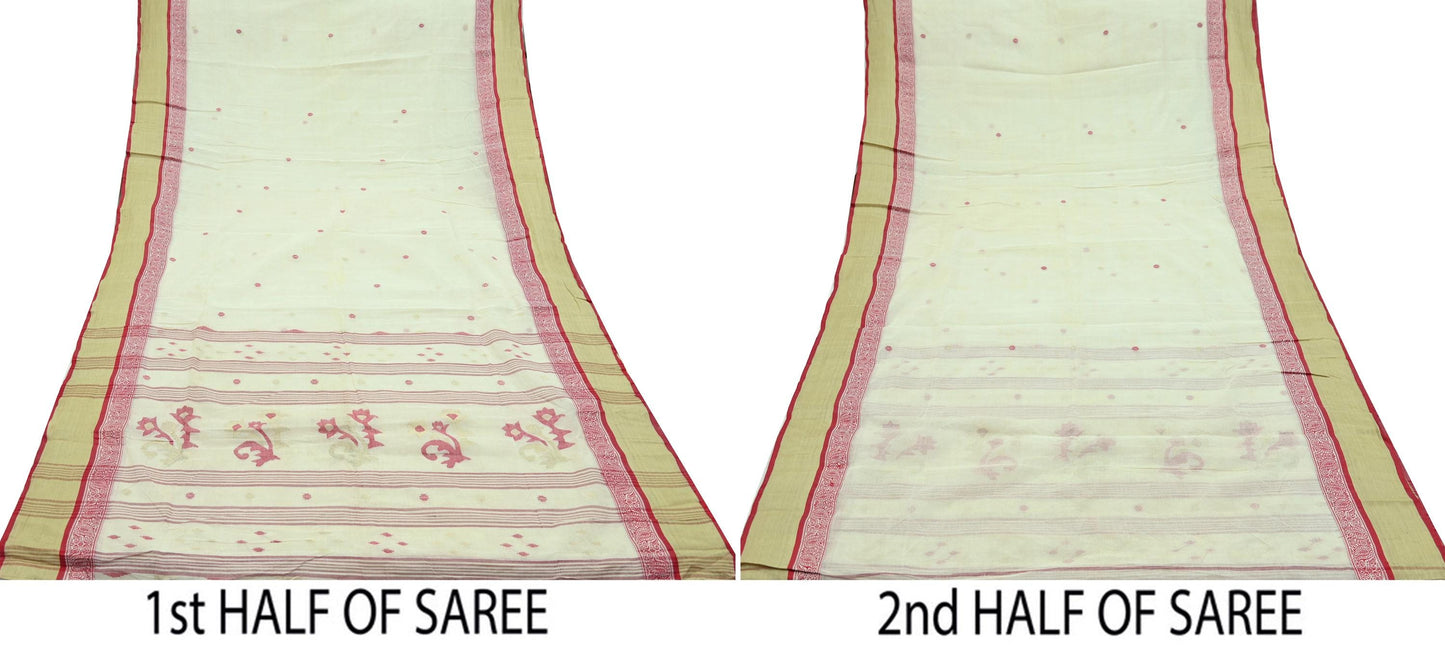 Indian Vintage Sari Ivory Pure Cotton Bengali Handloom Tant Sarees Craft Fabric 5Yd Sewing Soft Crafting Dress making Upcycle Quilting