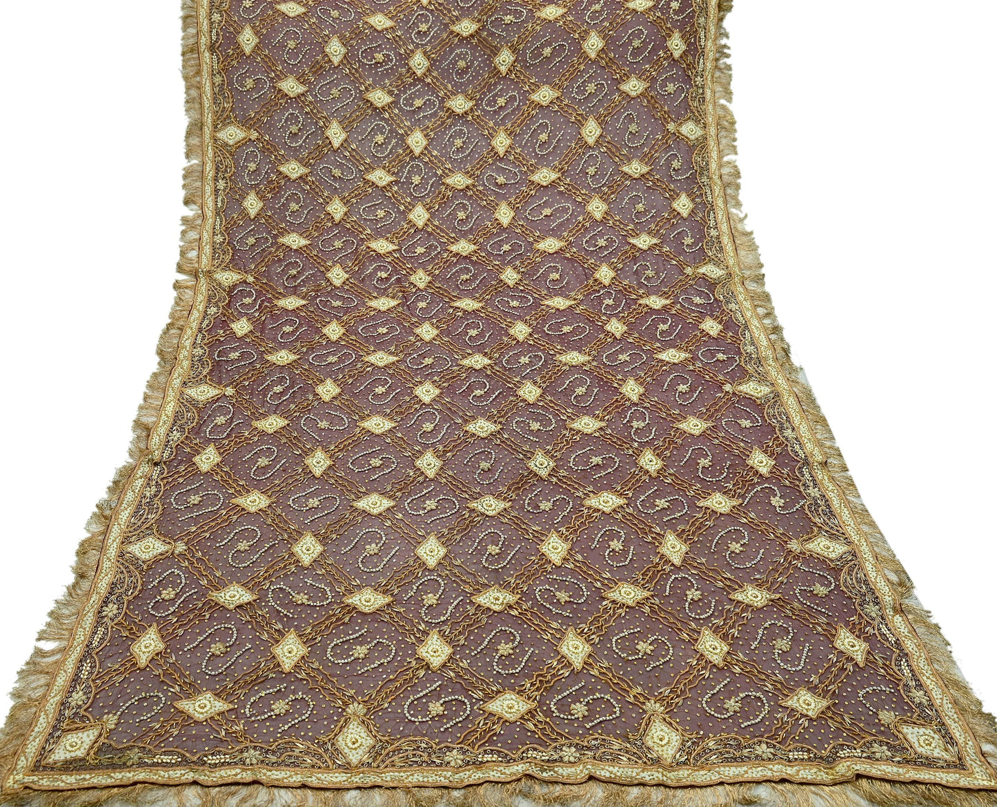 Indian Vintage Heavy Bridal Wine Dupatta Pure Chiffon Silk Long Stole Hand Embroidered Scarf Zardozi/Dabka Zari Sequins Wedding Veil Hijab