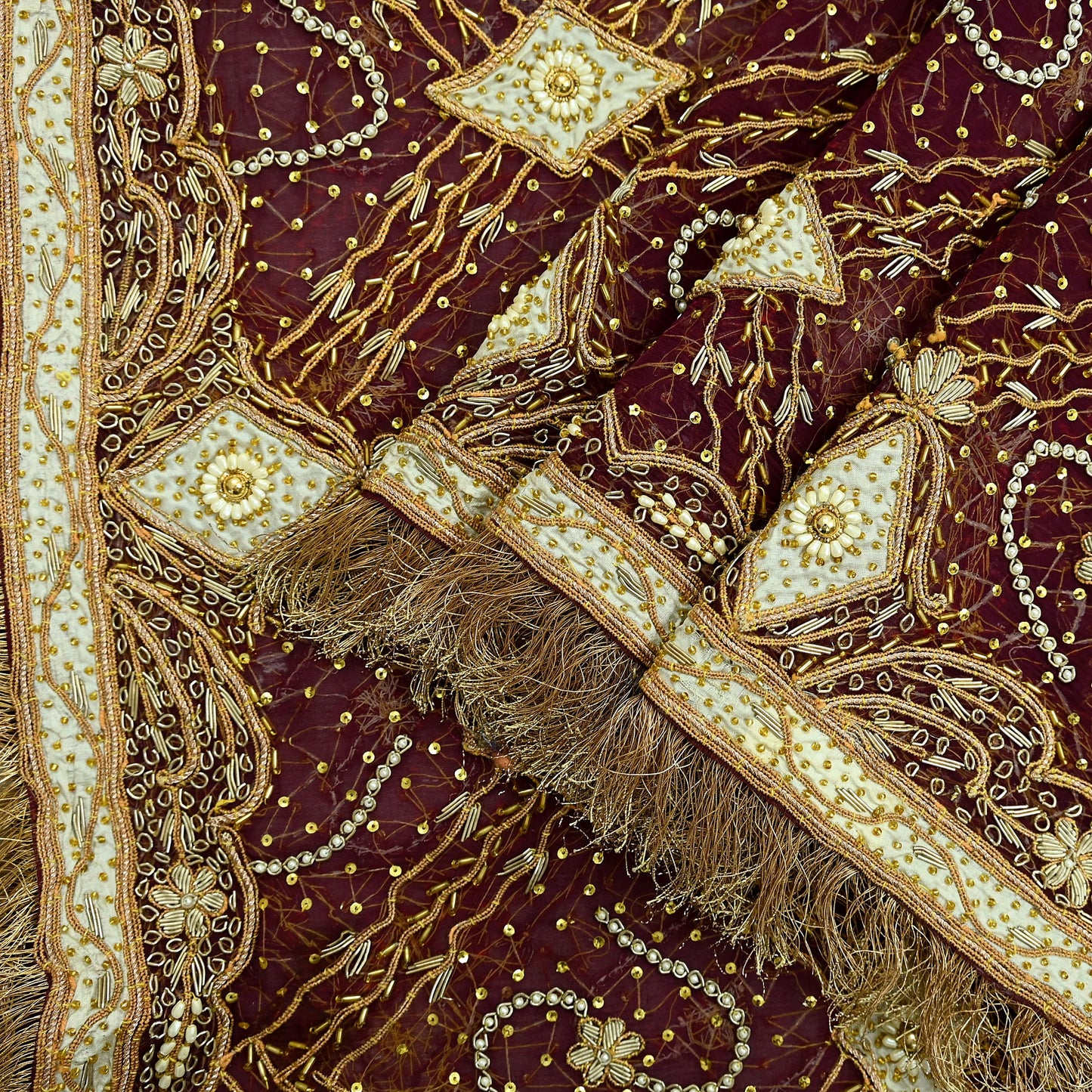 Indian Vintage Heavy Bridal Wine Dupatta Pure Chiffon Silk Long Stole Hand Embroidered Scarf Zardozi/Dabka Zari Sequins Wedding Veil Hijab