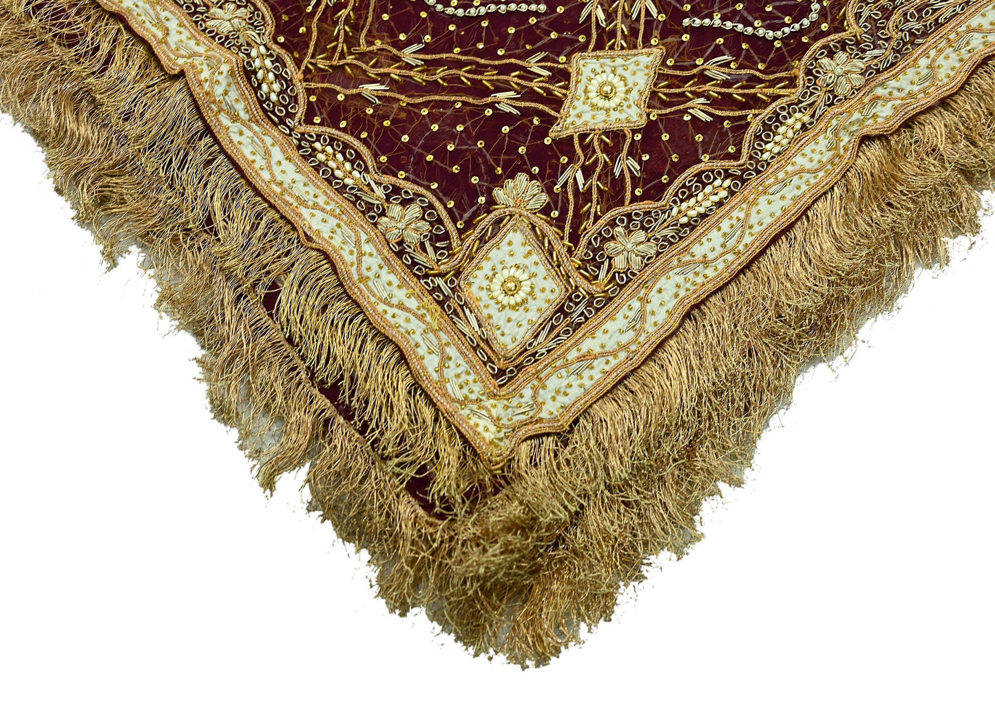 Indian Vintage Heavy Bridal Wine Dupatta Pure Chiffon Silk Long Stole Hand Embroidered Scarf Zardozi/Dabka Zari Sequins Wedding Veil Hijab