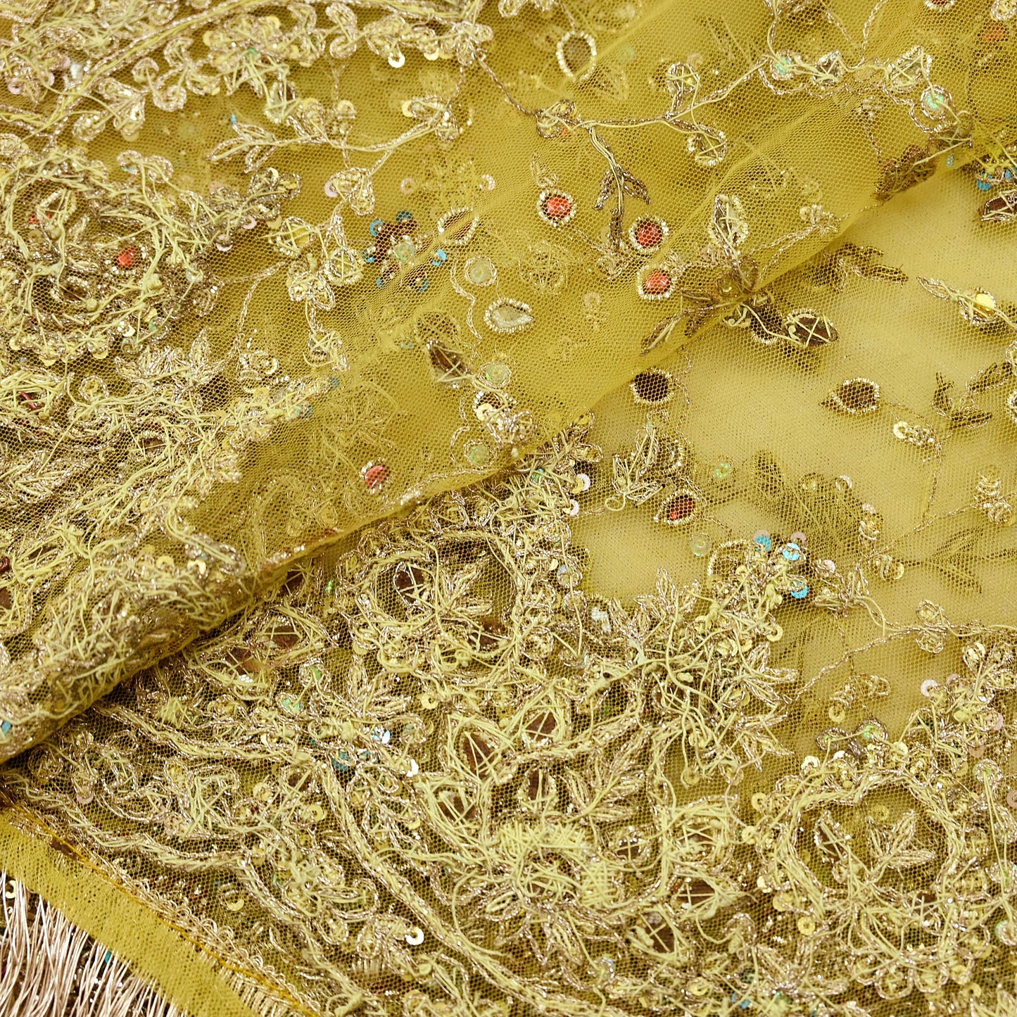 Indian Vintage Heavy Yellow Dupatta Net Mesh Long Stole Hand Embroidered Scarves Golden Zardozi Zari Beaded Stole