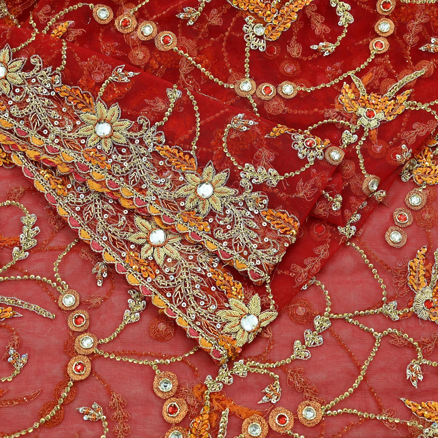 Indian Vintage Heavy Wedding Red Dupatta Net Mesh Long Stole Hand Embroidered Scarves Golden Zardozi Dabka Zari Bridal Veil