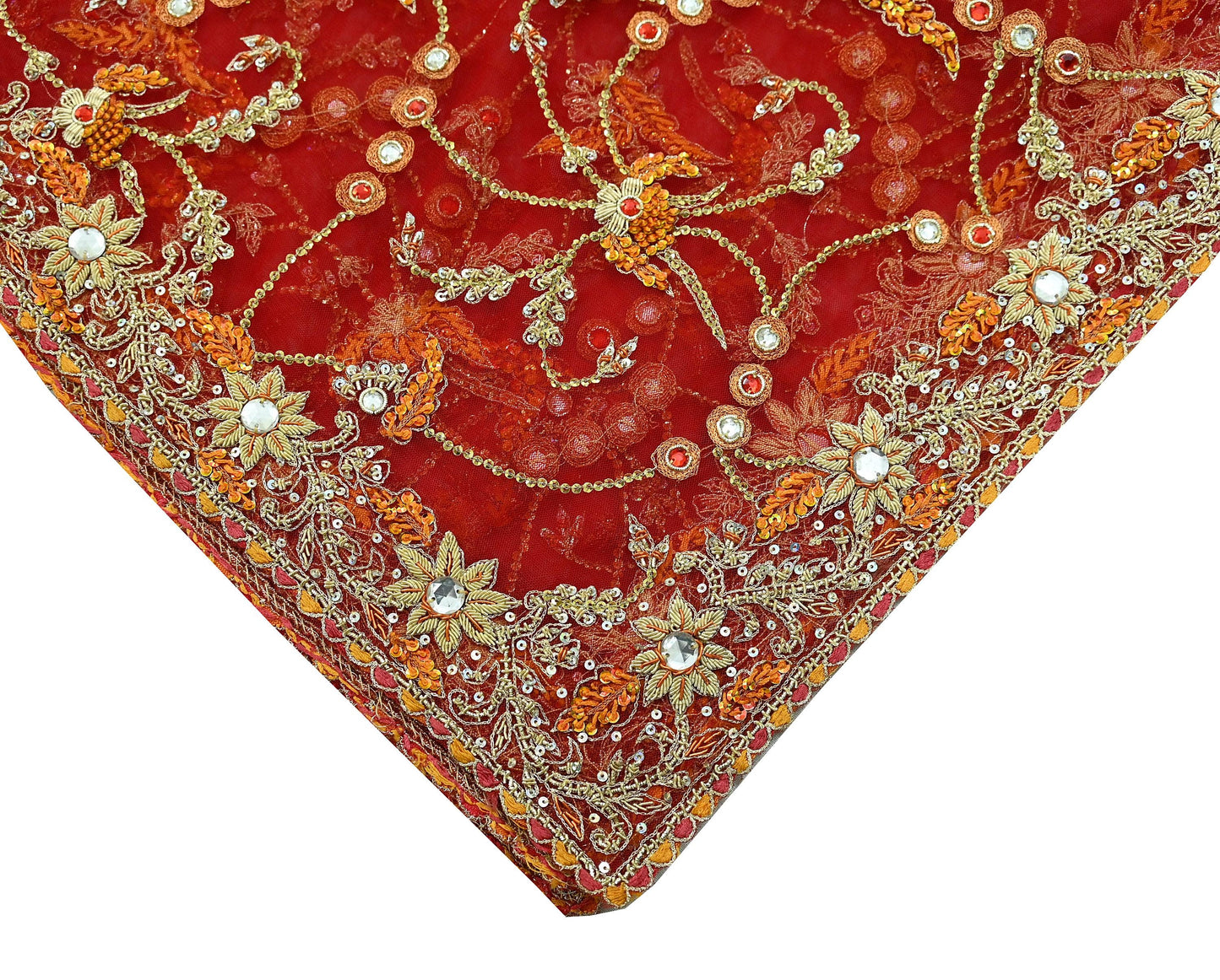 Indian Vintage Heavy Wedding Red Dupatta Net Mesh Long Stole Hand Embroidered Scarves Golden Zardozi Dabka Zari Bridal Veil