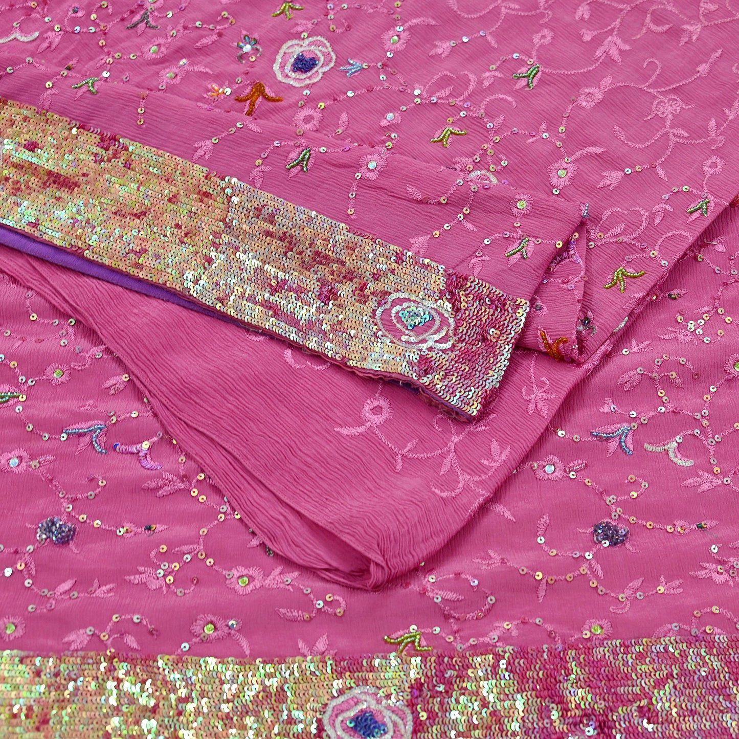 Indian Vintage Pink Saree Pure Crepe Silk Hand Embroidered Sari Fabric 5Yd Sewing Soft Zardozi/Dabka Dress Making Bollywood Party Sarees