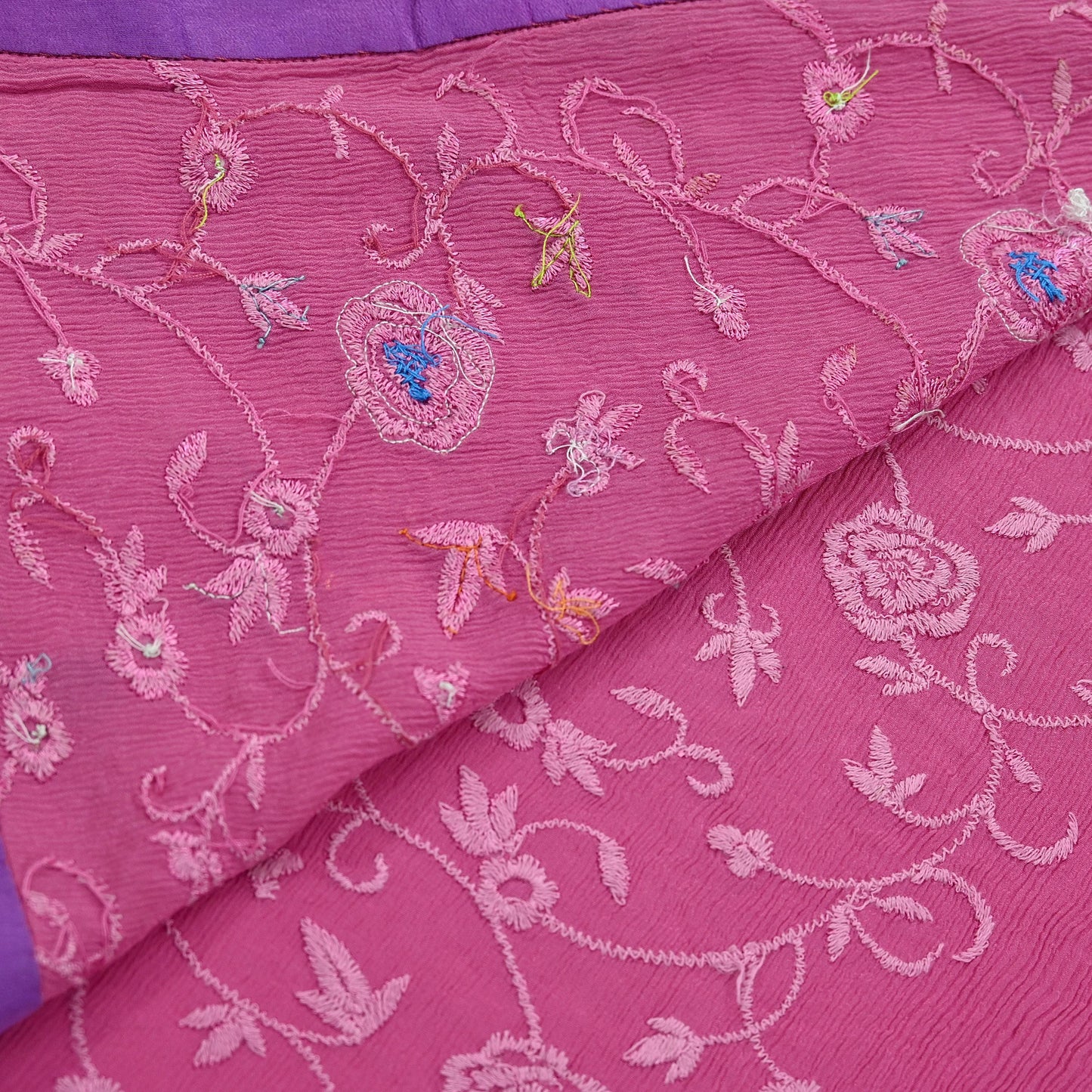 Indian Vintage Pink Saree Pure Crepe Silk Hand Embroidered Sari Fabric 5Yd Sewing Soft Zardozi/Dabka Dress Making Bollywood Party Sarees