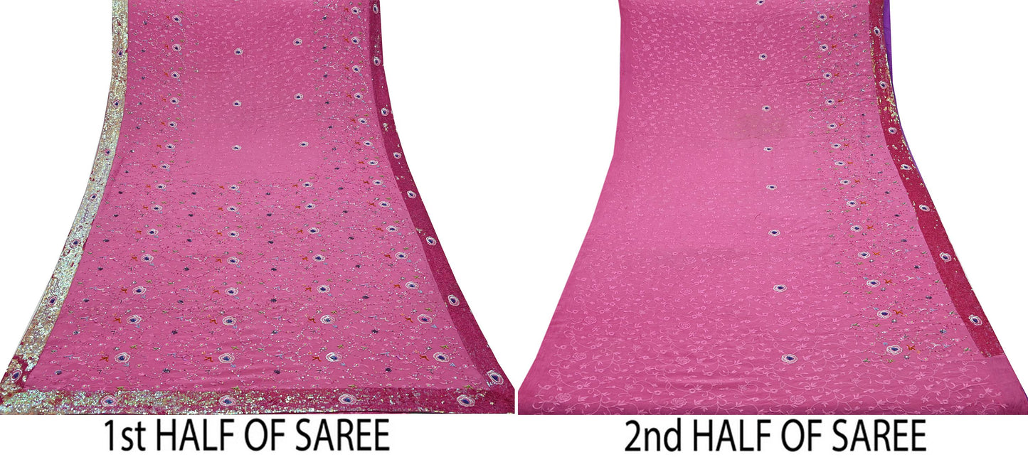 Indian Vintage Pink Saree Pure Crepe Silk Hand Embroidered Sari Fabric 5Yd Sewing Soft Zardozi/Dabka Dress Making Bollywood Party Sarees