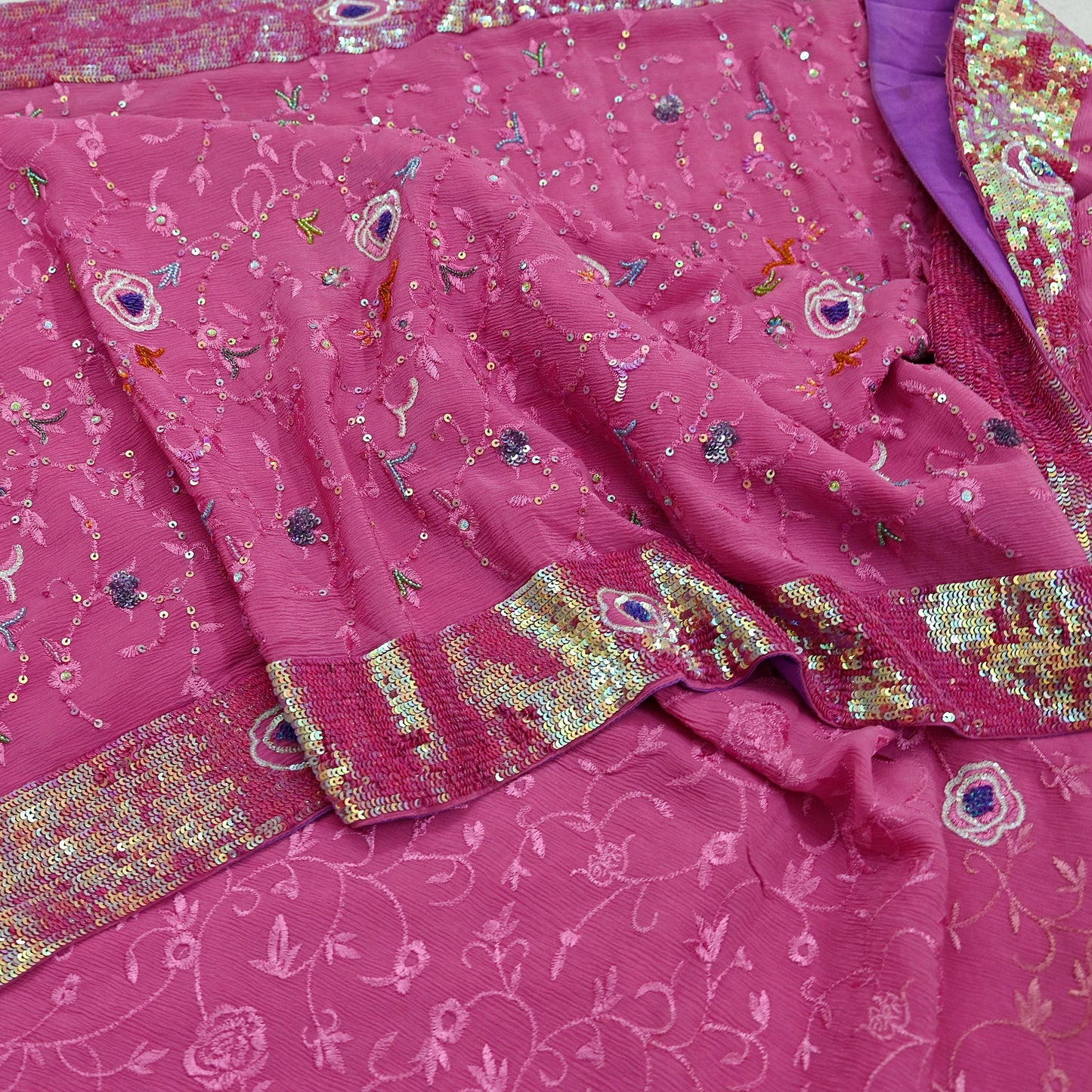 Indian Vintage Pink Saree Pure Crepe Silk Hand Embroidered Sari Fabric 5Yd Sewing Soft Zardozi/Dabka Dress Making Bollywood Party Sarees