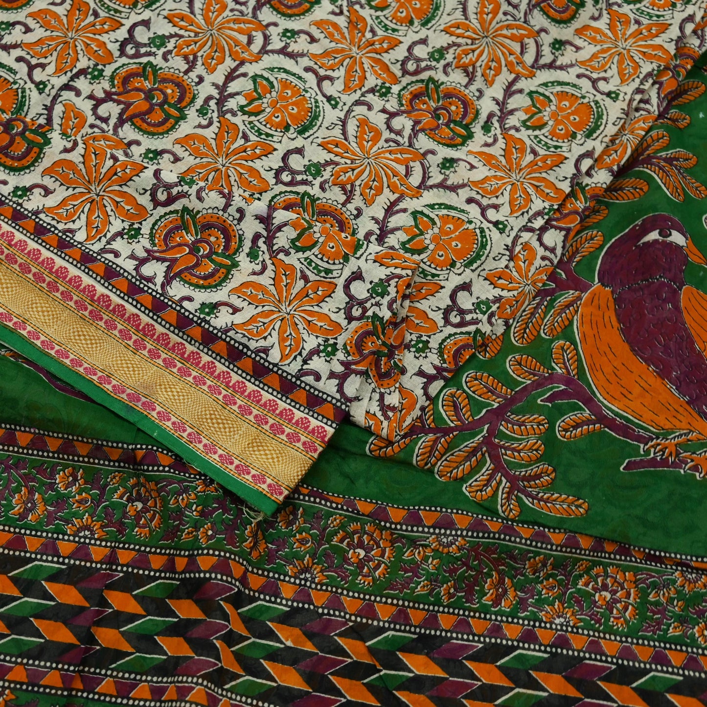 Indian Vintage Sari Green & Ivory Printed Pure Cotton Sarees 5Yd Craft Fabric Soft Sewing Sarong Wrap Boho Upcycle quilting Dress making