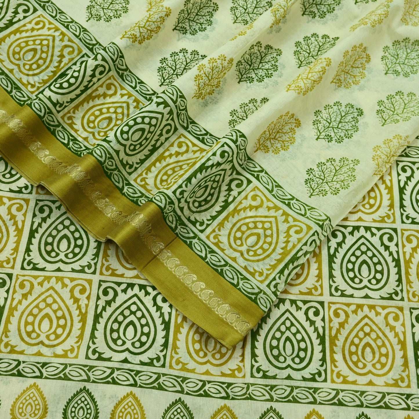 Indian Vintage Sari Ivory Printed Blend Cotton Saree Craft Fabric 5Yd Sewing Sarong Wrap Boho Floral Dress making Crafting