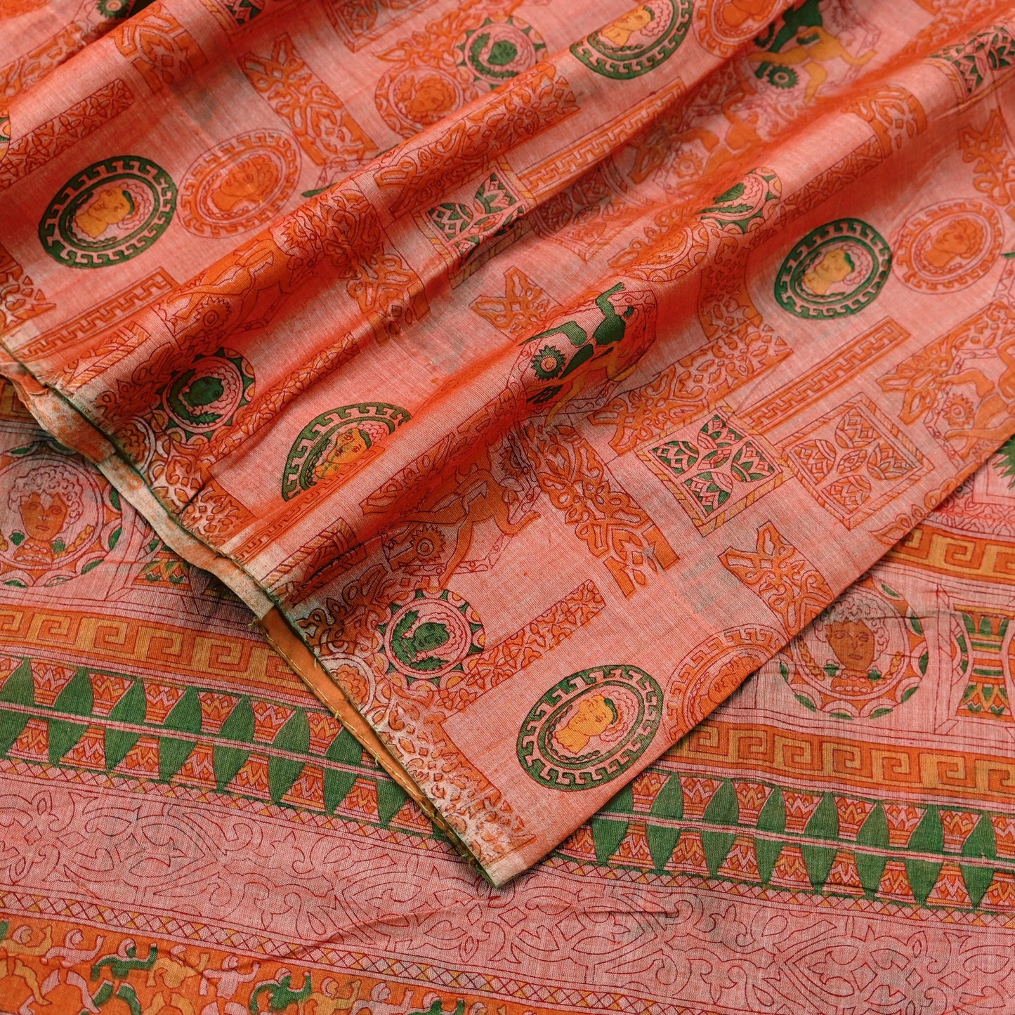 Indian Vintage Sari Orange 100% Pure Silk Printed Saree Craft Fabric 5yd Sewing Dress Making Soft Wrap Floral Quilting Crafting Upcycle