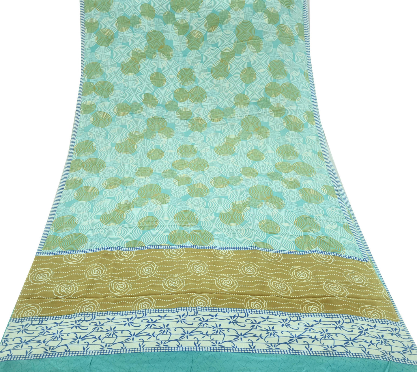 Indian Vintage Sari Ivory & Green Pure Crepe Silk Printed Saree 5yd Sewing Floral Soft Craft Fabric Wrap Dress making Crafting Quilting