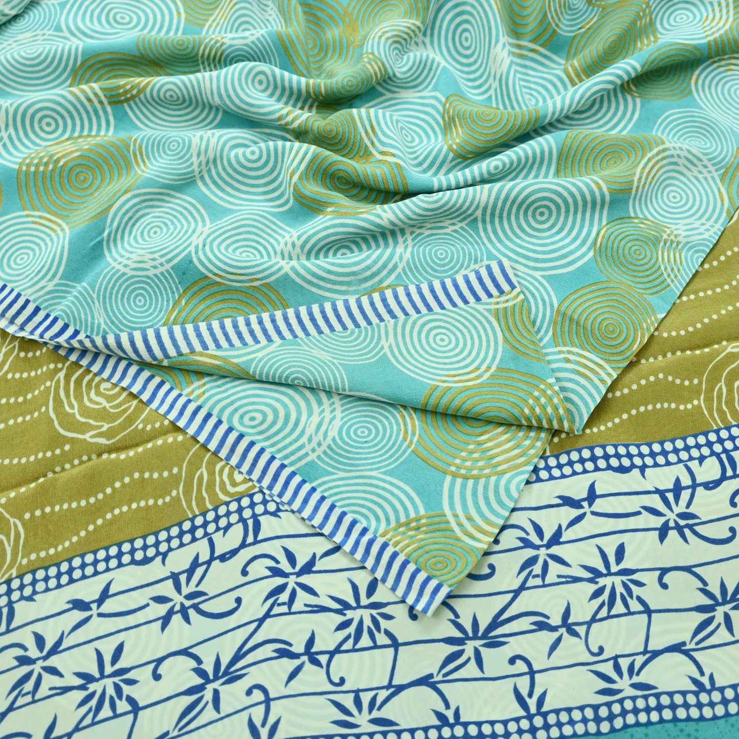 Indian Vintage Sari Ivory & Green Pure Crepe Silk Printed Saree 5yd Sewing Floral Soft Craft Fabric Wrap Dress making Crafting Quilting