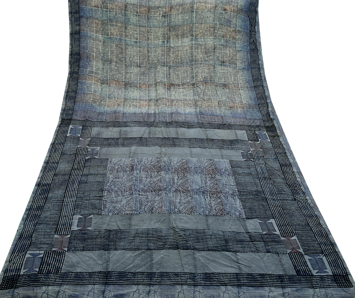 Indian Vintage Gray & Ivory Saree Pure Crepe Silk Printed Sari Craft Fabric 5yd Sewing Soft Wrap Dress making Crafting Quilting