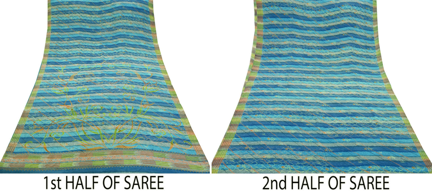 Indian Vintage Blue Saree Pure Crepe Silk Printed Sari 5yd Sewing Abstract Soft Craft Fabric Wrap Dress making Crafting Quilting Upcycle