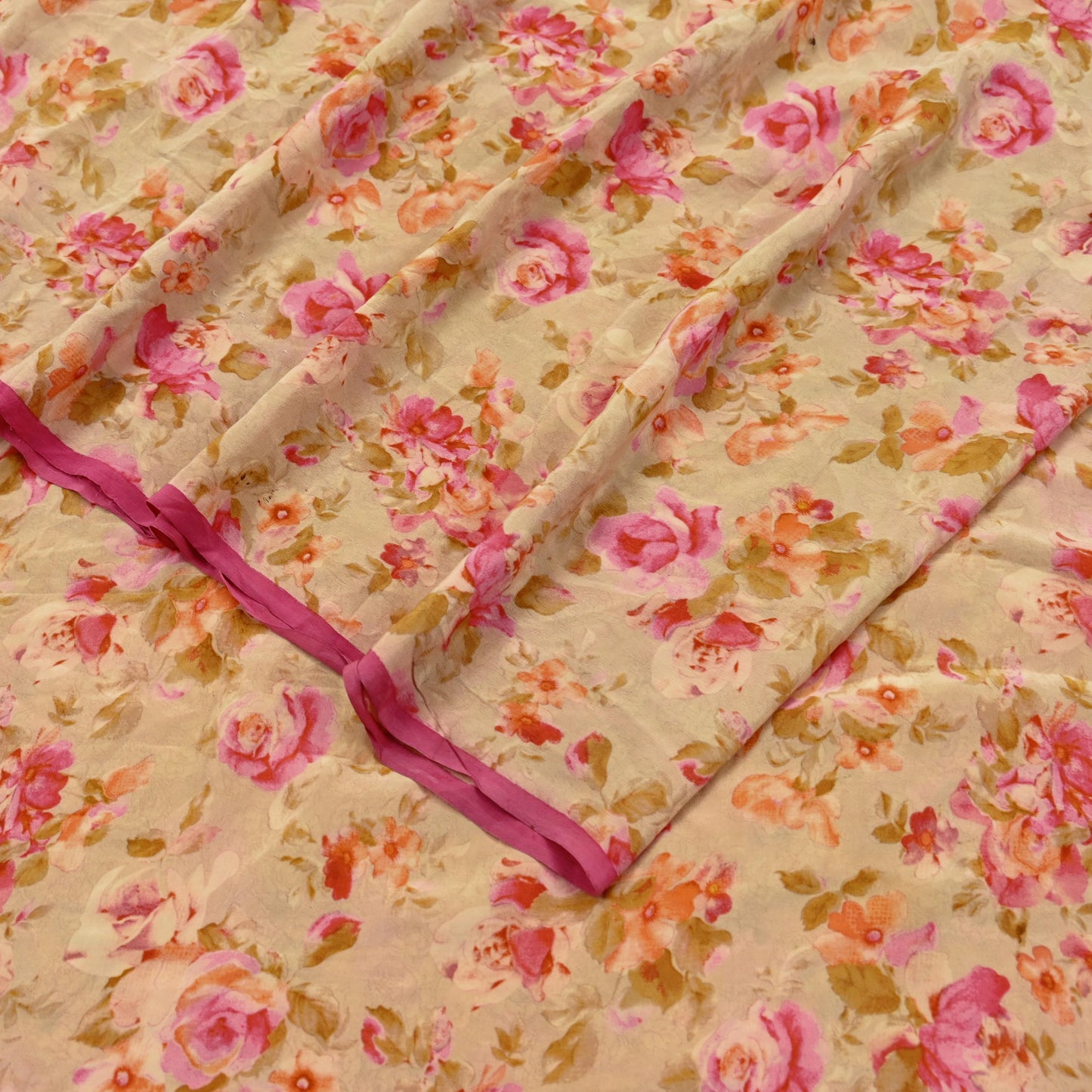 Indian Vintage Sari Beige Pure Crepe Silk Printed Sarees 5yd Sewing Floral Soft Craft Fabric Wrap Dress making Crafting Quilting Used