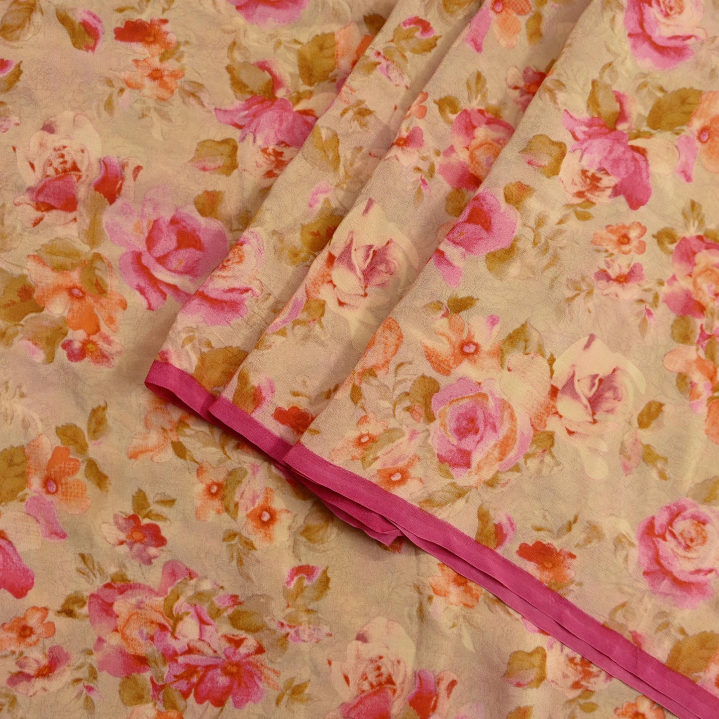 Indian Vintage Sari Beige Pure Crepe Silk Printed Sarees 5yd Sewing Floral Soft Craft Fabric Wrap Dress making Crafting Quilting Used