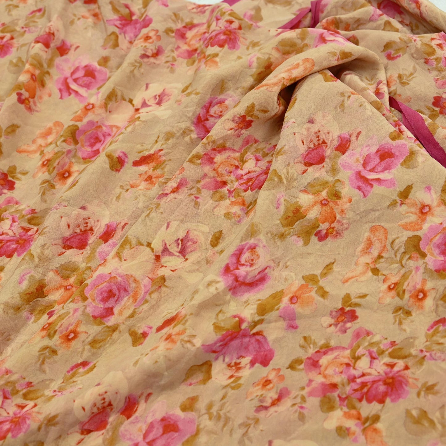 Indian Vintage Sari Beige Pure Crepe Silk Printed Sarees 5yd Sewing Floral Soft Craft Fabric Wrap Dress making Crafting Quilting Used