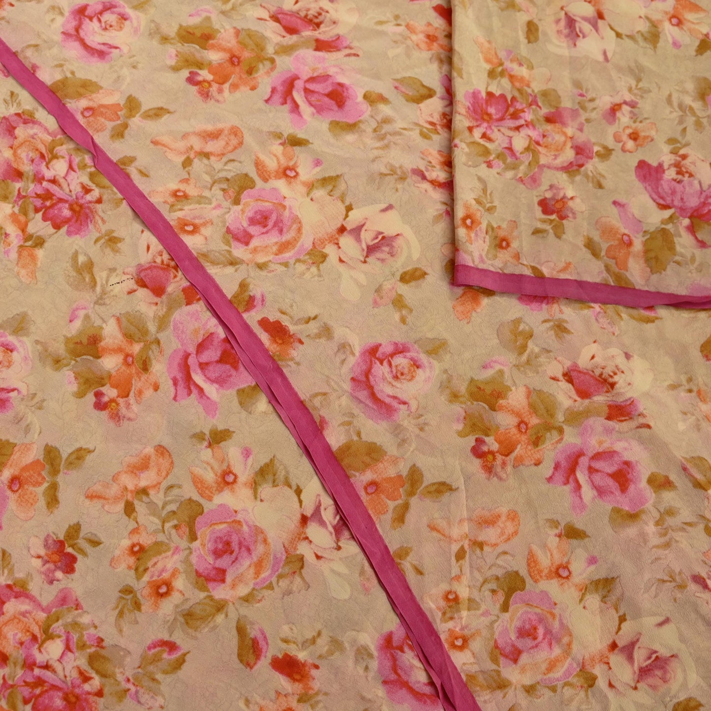 Indian Vintage Sari Beige Pure Crepe Silk Printed Sarees 5yd Sewing Floral Soft Craft Fabric Wrap Dress making Crafting Quilting Used