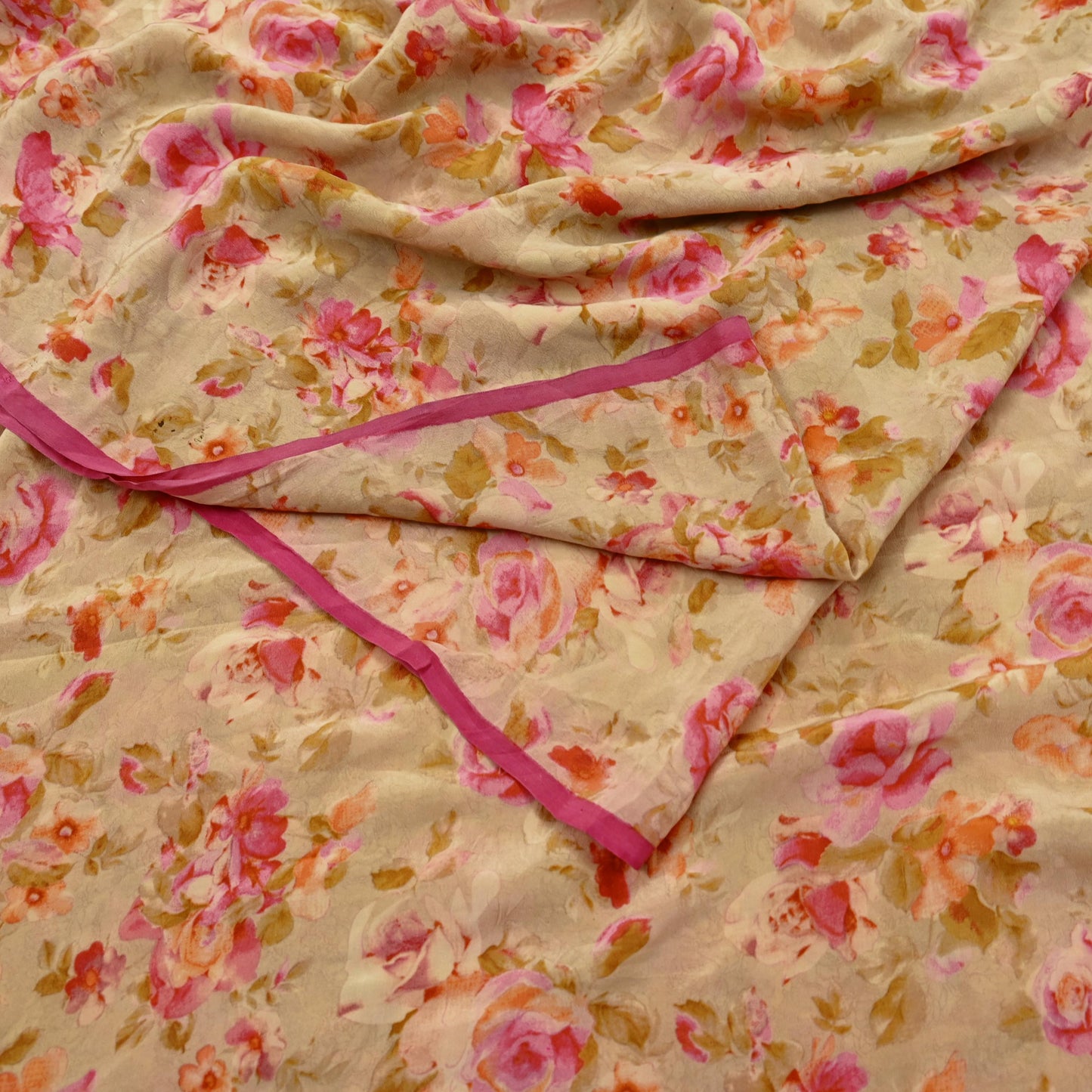 Indian Vintage Sari Beige Pure Crepe Silk Printed Sarees 5yd Sewing Floral Soft Craft Fabric Wrap Dress making Crafting Quilting Used