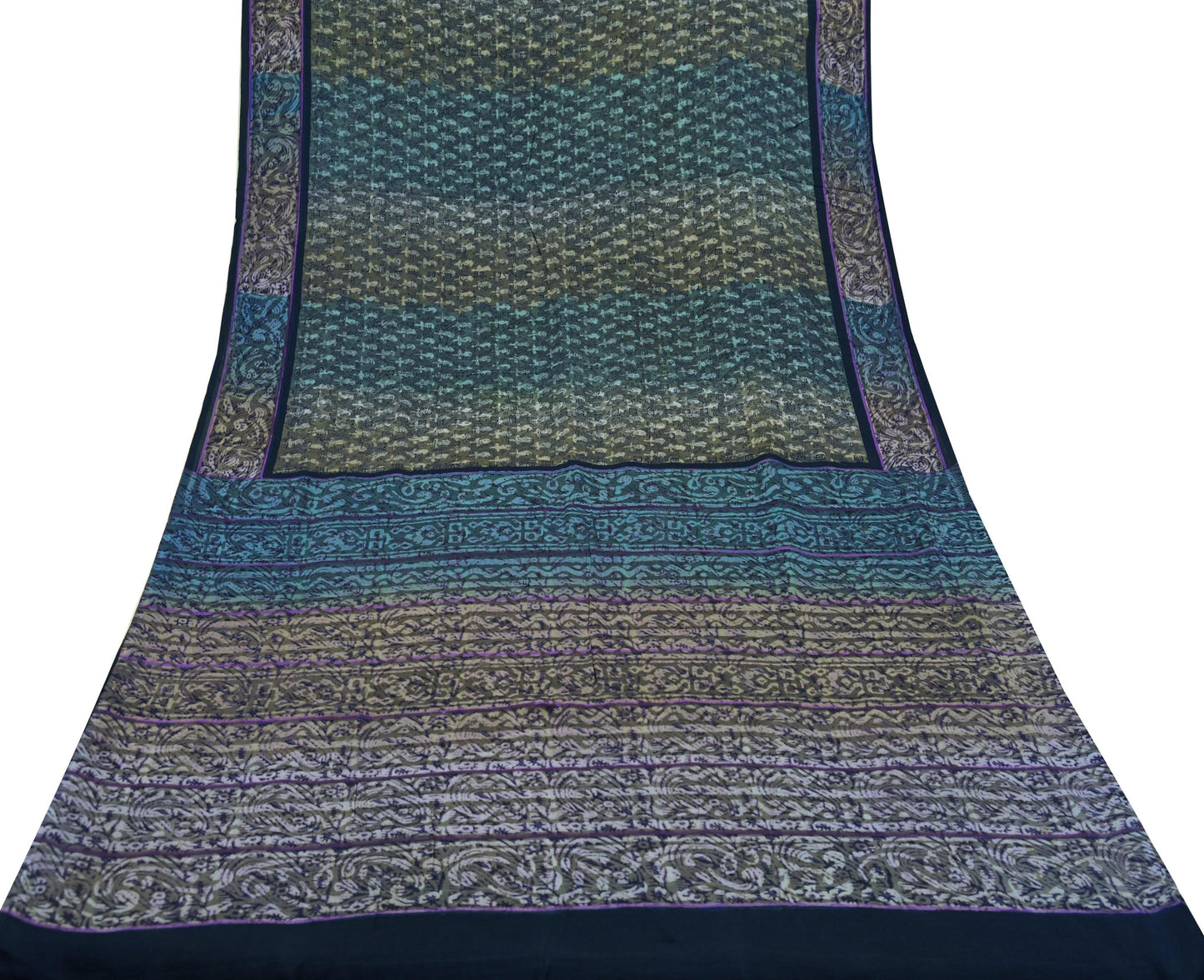 Indian Vintage Blue Saree Pure Crepe Silk Printed Sari 5yd Sewing Floral Soft Craft Fabric Wrap Dress making Crafting Quilting Upcycle
