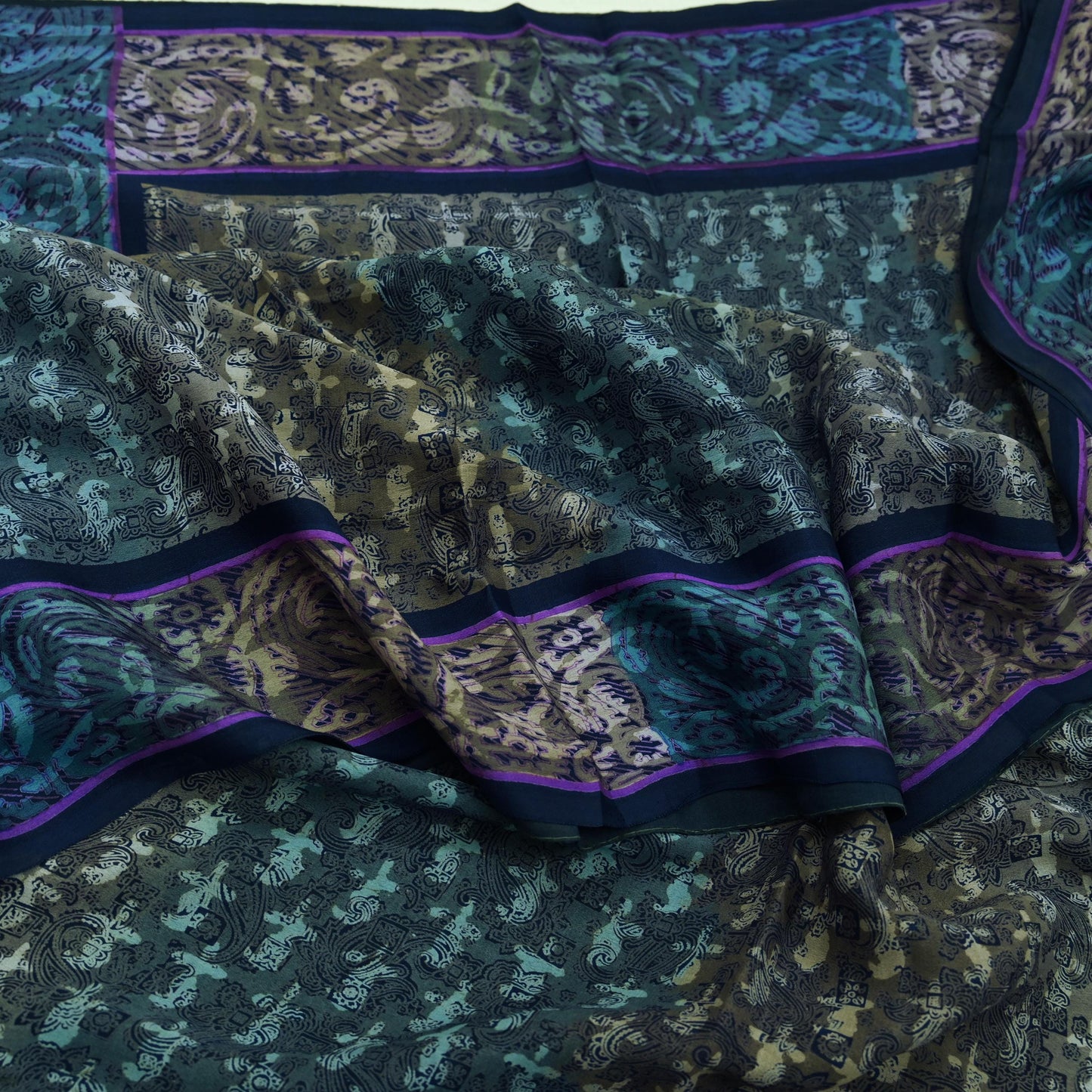 Indian Vintage Blue Saree Pure Crepe Silk Printed Sari 5yd Sewing Floral Soft Craft Fabric Wrap Dress making Crafting Quilting Upcycle