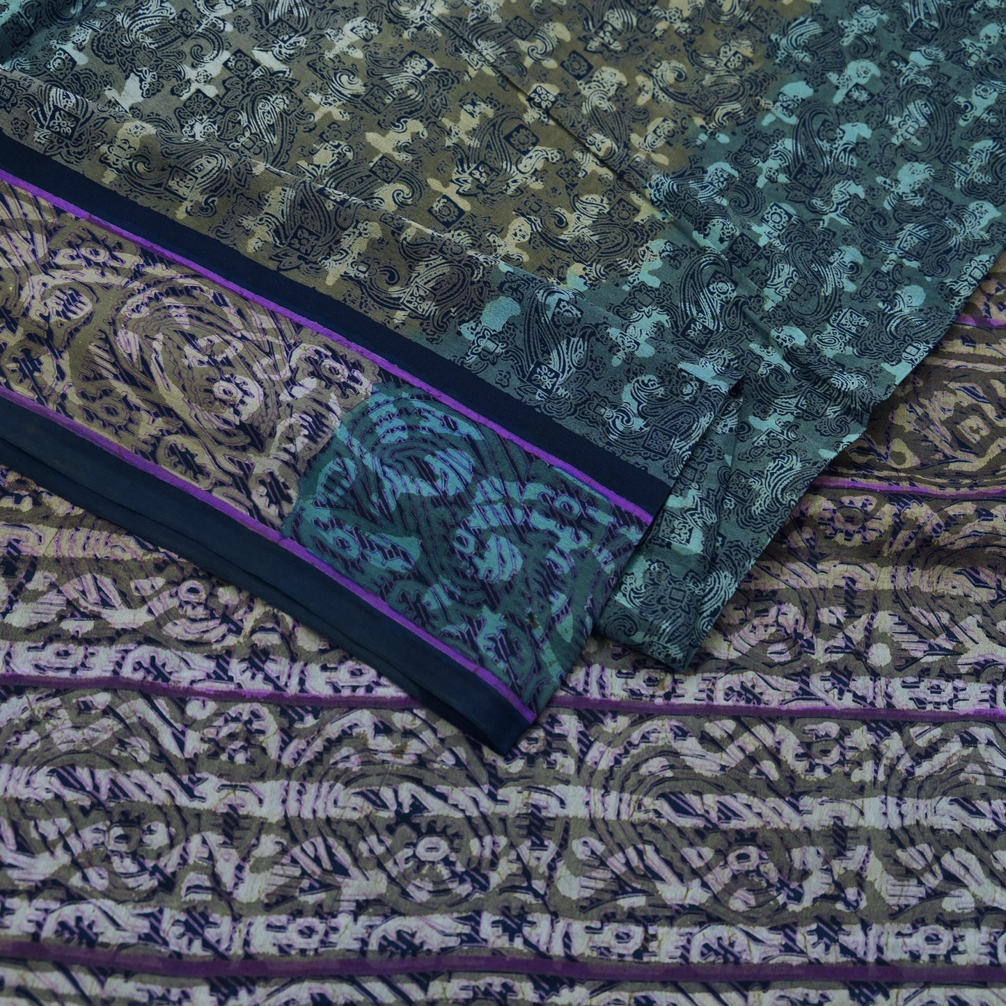 Indian Vintage Blue Saree Pure Crepe Silk Printed Sari 5yd Sewing Floral Soft Craft Fabric Wrap Dress making Crafting Quilting Upcycle