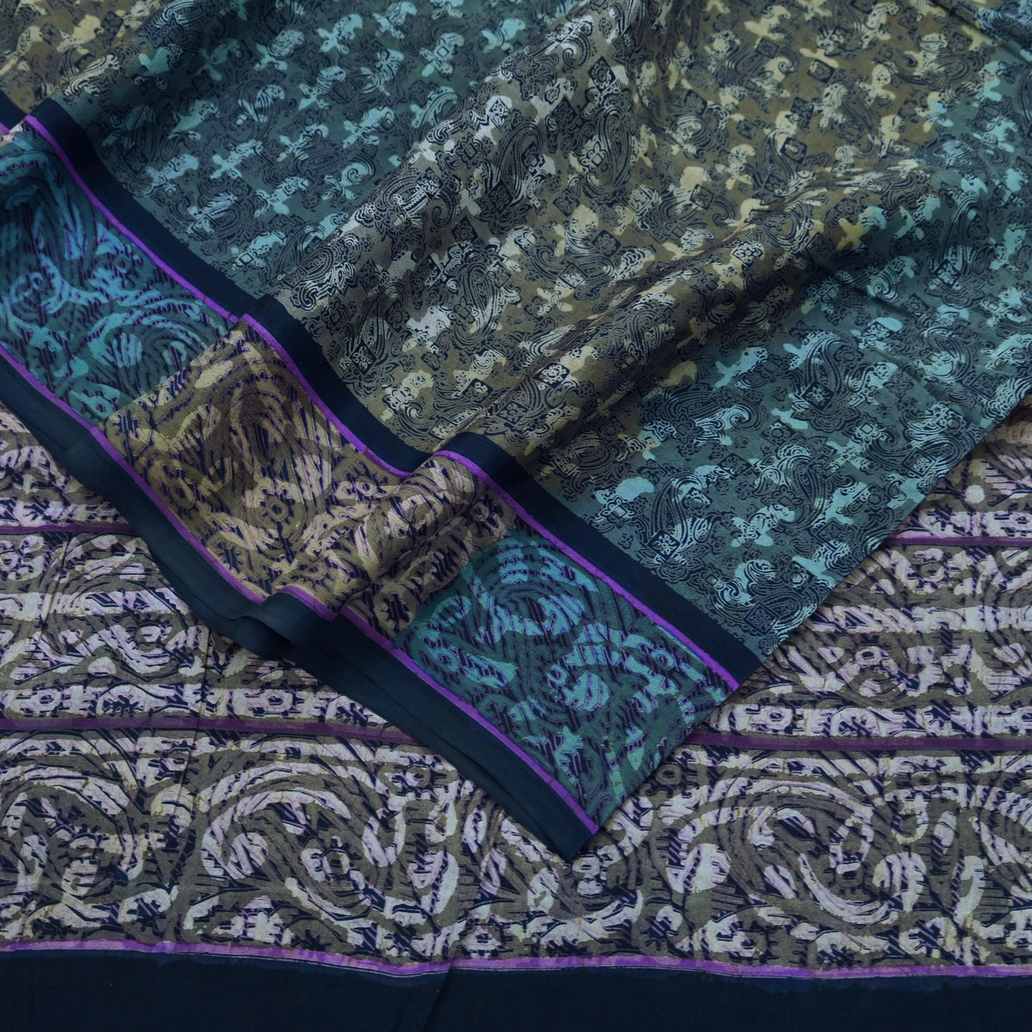 Indian Vintage Blue Saree Pure Crepe Silk Printed Sari 5yd Sewing Floral Soft Craft Fabric Wrap Dress making Crafting Quilting Upcycle
