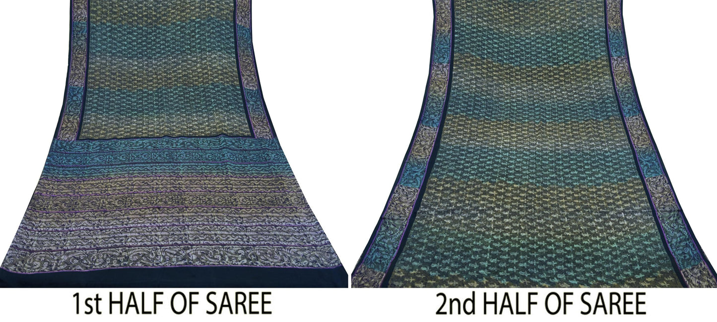 Indian Vintage Blue Saree Pure Crepe Silk Printed Sari 5yd Sewing Floral Soft Craft Fabric Wrap Dress making Crafting Quilting Upcycle
