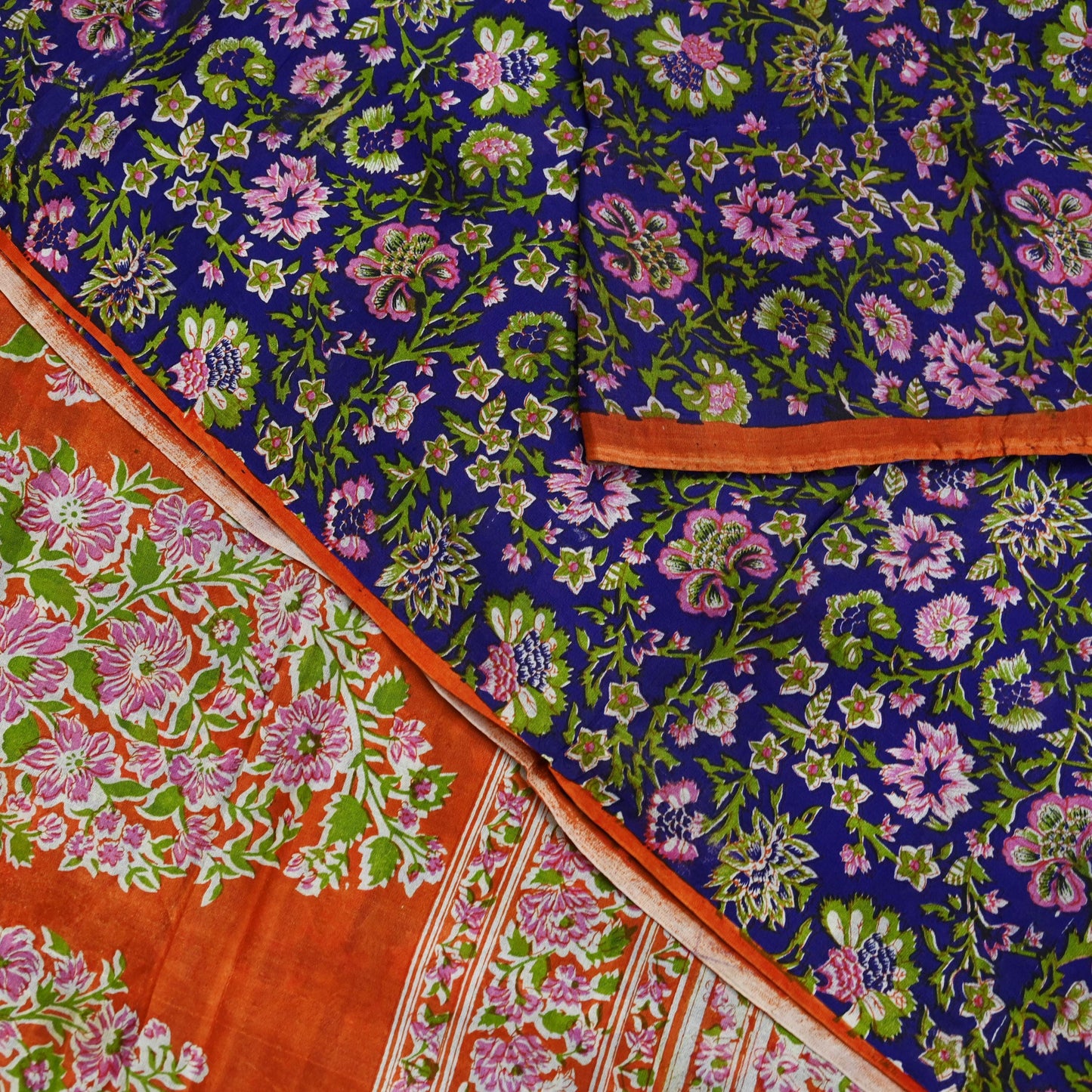 Indian Vintage Sari Orange & Purple Printed 100% Pure Silk Sarees Craft Fabric 5yd Sewing Dress Making Soft Wrap Quilting Crafting Upcycle
