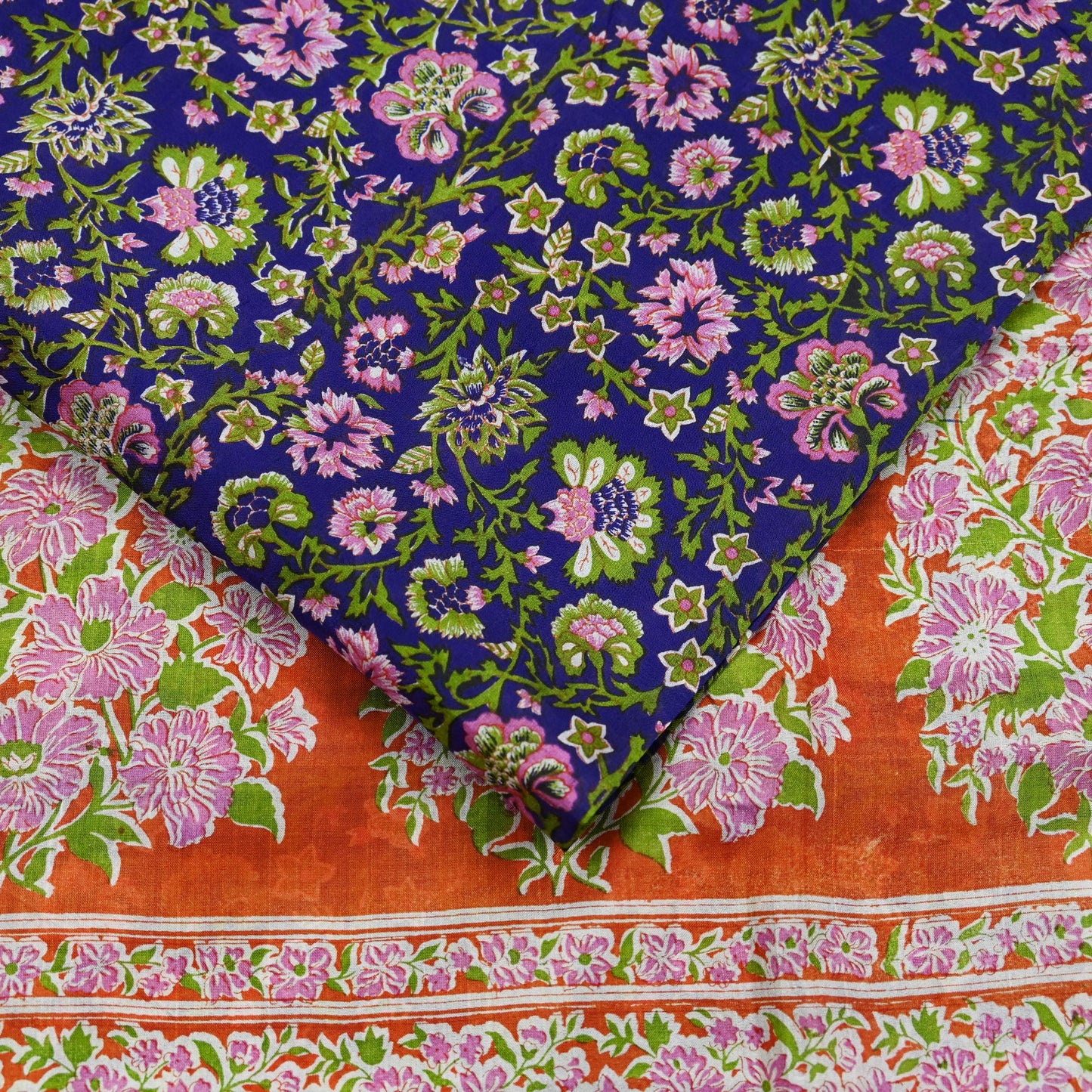Indian Vintage Sari Orange & Purple Printed 100% Pure Silk Sarees Craft Fabric 5yd Sewing Dress Making Soft Wrap Quilting Crafting Upcycle